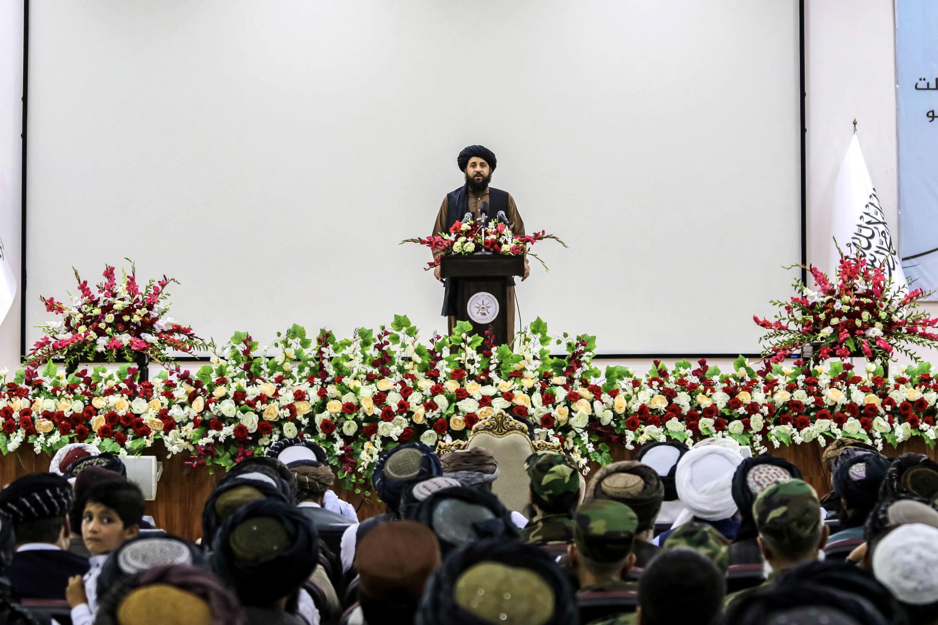 Afghanistan's Defense Minister Mullah Mohammad Yaqub Mujahid (C) addresses the audience during a ceremony marking the country's Independence Day at the Defense Ministry in Kabul, Afghanistan, 19 August 2023. EFE/EPA/SAMIULLAH POPAL