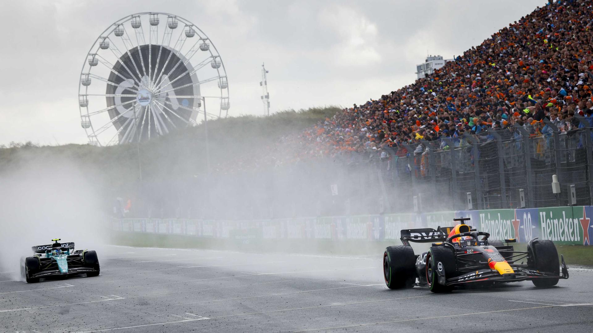 Dutch driver Max Verstappen of Red Bull Racing (R) and Spanish driver Fernando Alonso of Aston Martin F1 (L) in action after the restart during the Formula 1 Dutch Grand Prix at Circuit Zandvoort, in Zandvoort, Netherlands, 27 August 2023. EFE/EPA/Remko de Waal
