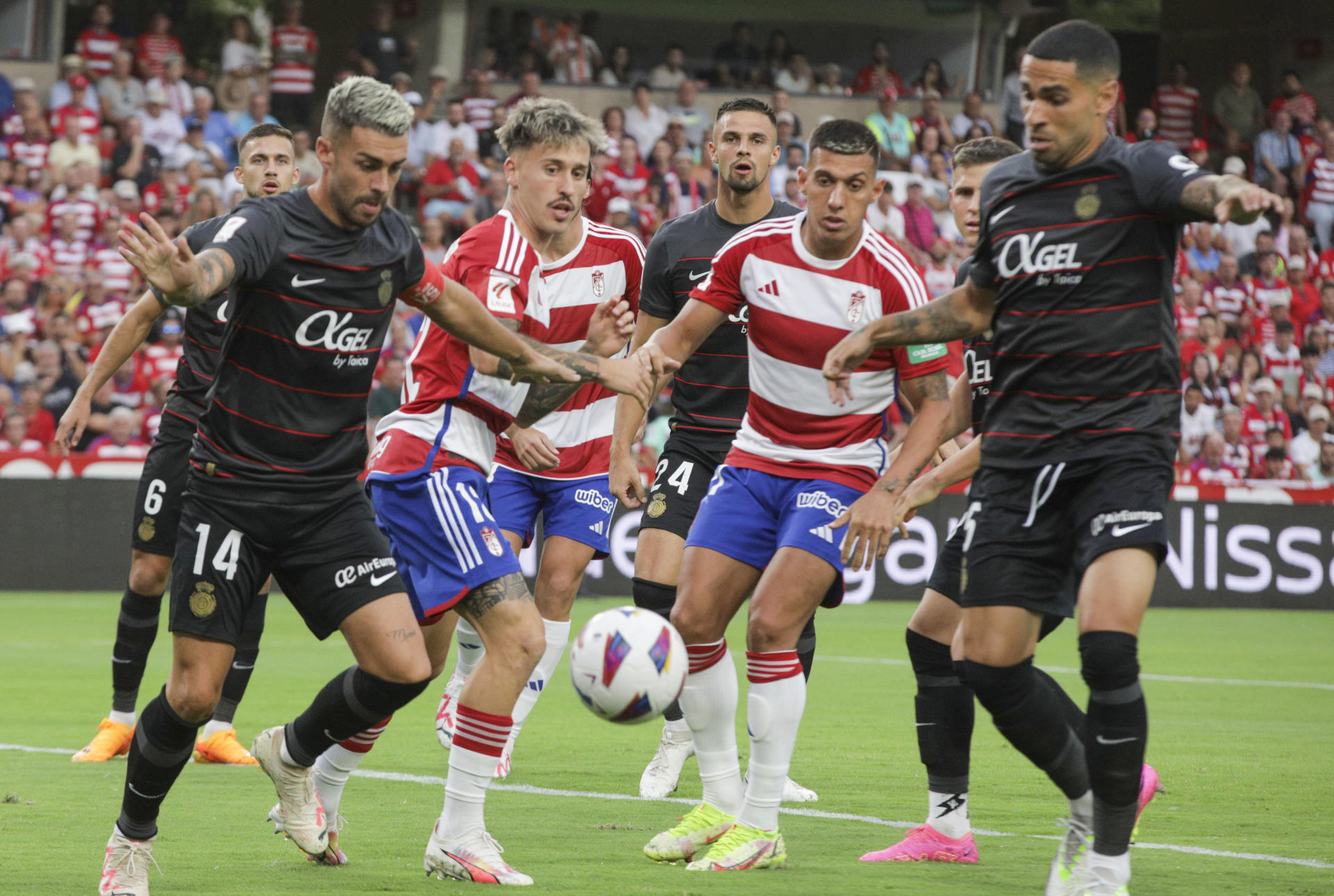 El centrocampista del Mallorca Daniel Rodríguez (i) intenta controlar el balón durante el partido correspondiente a la Jornada 3 de LaLiga en el Nuevo Estadio de Los Carmenes. EFE/ Pepe Torres