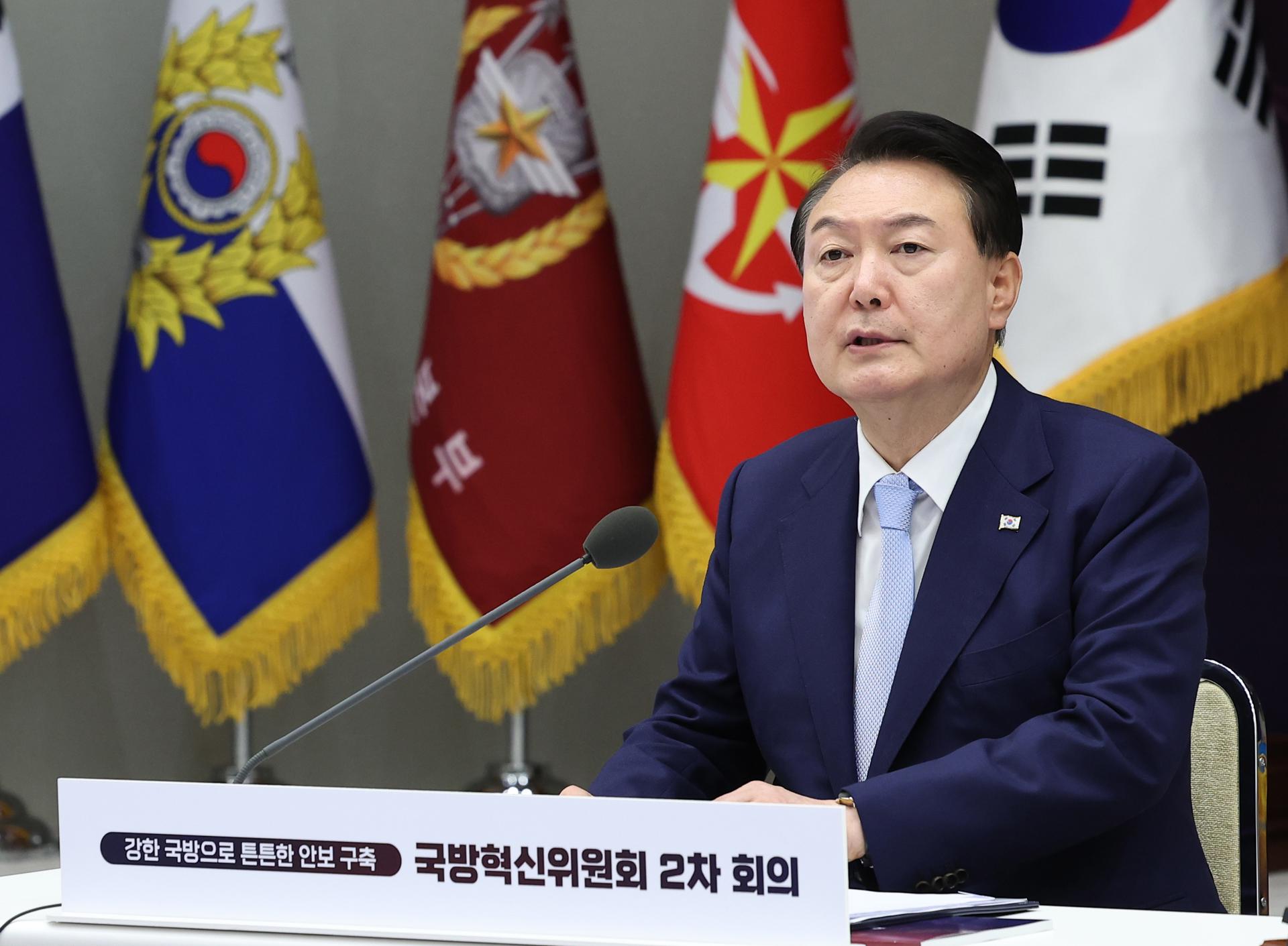 South Korea's President Yoon Suk Yeol speaks at the presidential office during the second meeting of the Defense Innovation Committee, in Seoul, 08 August 2023. EFE/EPA/FILE/YONHAP SOUTH KOREA OUT