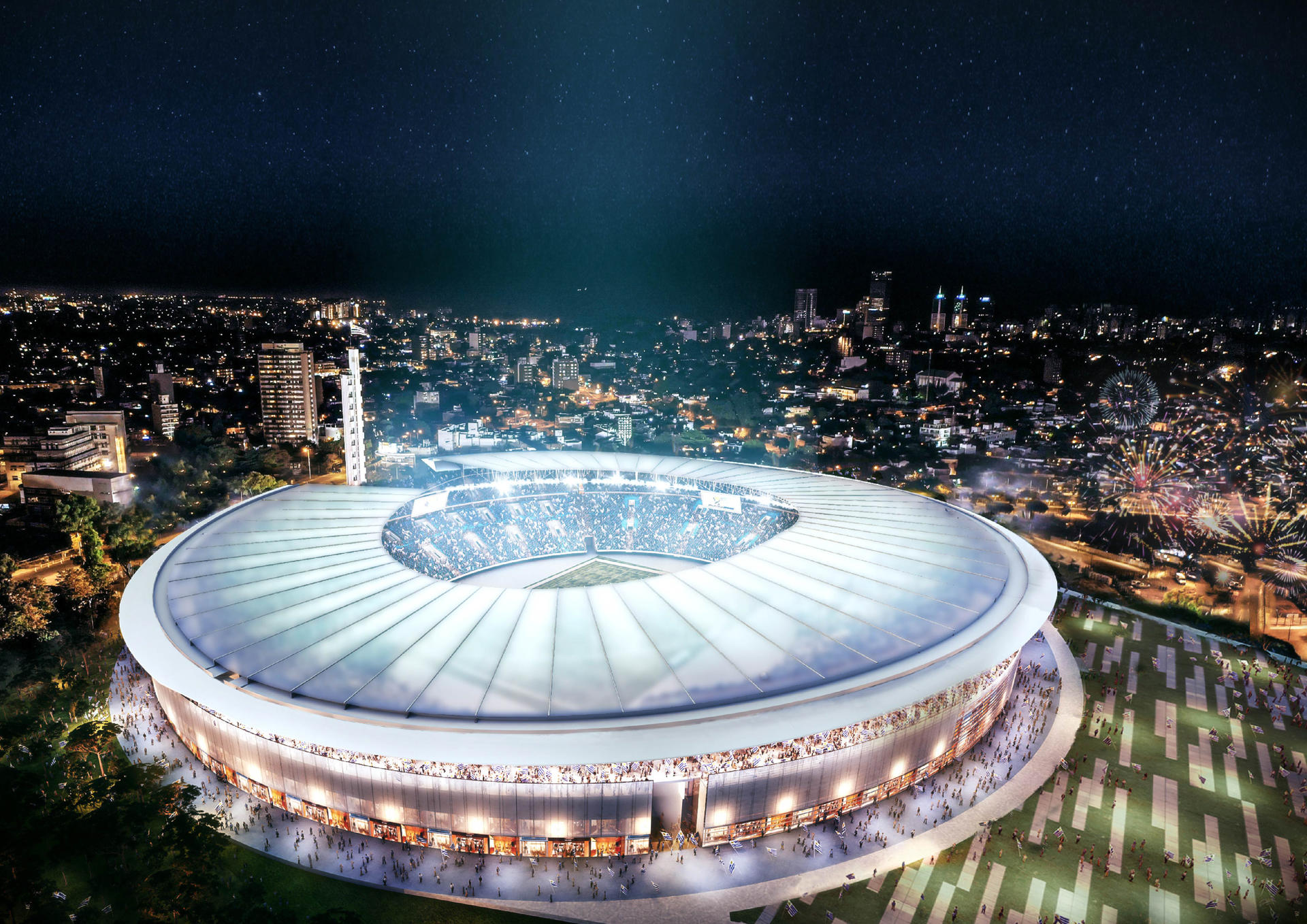 The architects provided this rendering of a remodeled Centenario stadium in Montevideo. EFE/Estudio de Arquitectura Gomez Platero

