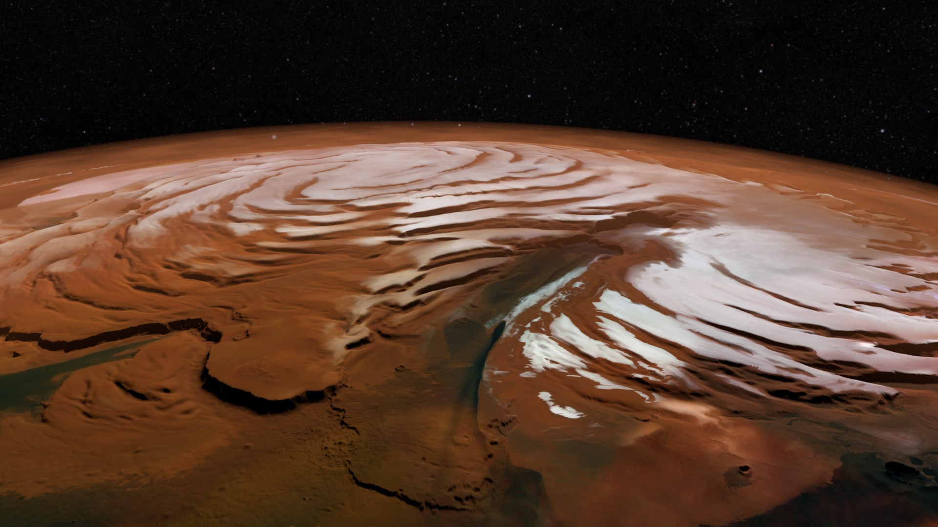Una vista de Marte que muestra el casquete polar del norte del planeta EFE/ISRO/ISSDC/Emily Lakdawalla