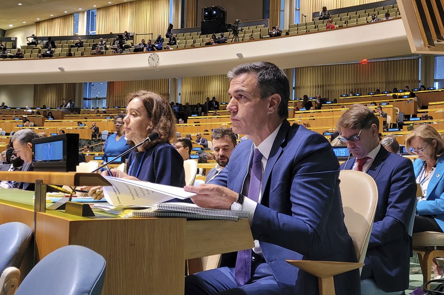 El presidente del Gobierno español en funciones, Pedro Sánchez, en la Cumbre sobre los Objetivos de Desarrollo Sostenible (ODS),celebrada en el marco de la 78º Asamblea General de Naciones Unidas, en Nueva York (EEUU).