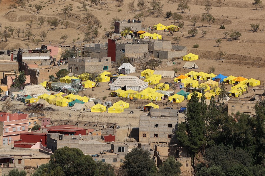 Vista de un campamento de desplazados en Amziz (Marruecos), montado tras el terremoto del pasado viernes
