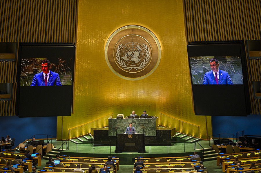 El jefe del Gobierno español en funciones, Pedro Sánchez,  en la Asamblea General de Naciones Unidas en Nueva York (EEUU). 