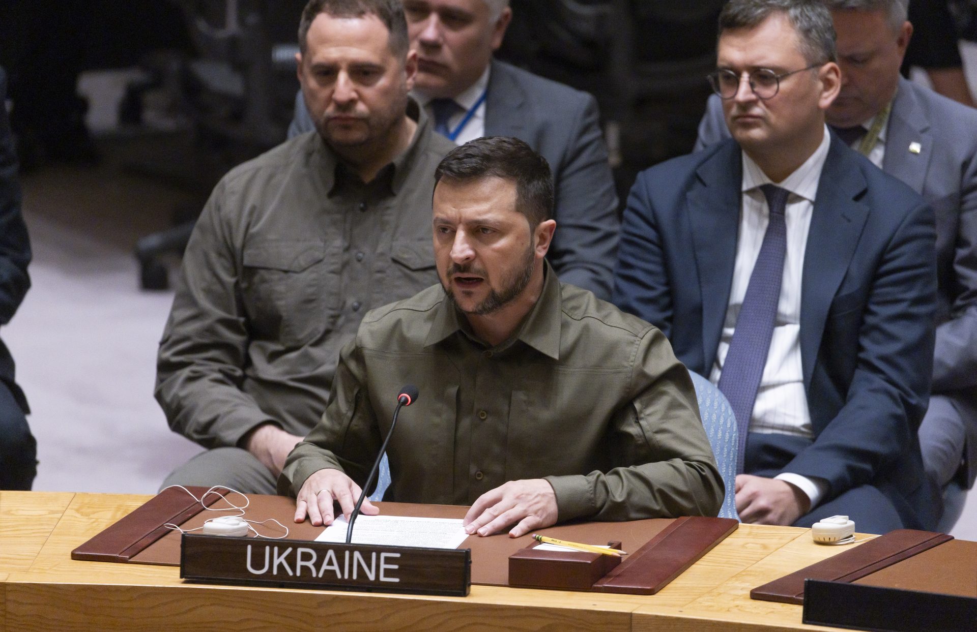 El presidente de Ucrania, Volodímir Zelenski, habla ante el Consejo de Seguridad de la ONU, este 20 de septiembre de 2023, en Nueva York. EFE/Justin Lane