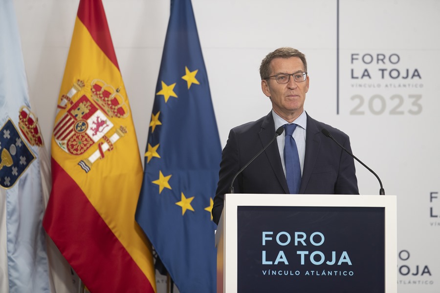El presidente del Partido Popular Alberto Núñez Feijóo durante su intervención en el Foro de la Toja