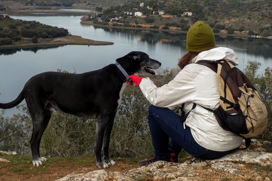 Una mujer pasea su perro en las Lagunas de Ruidera, Ciudad Real.