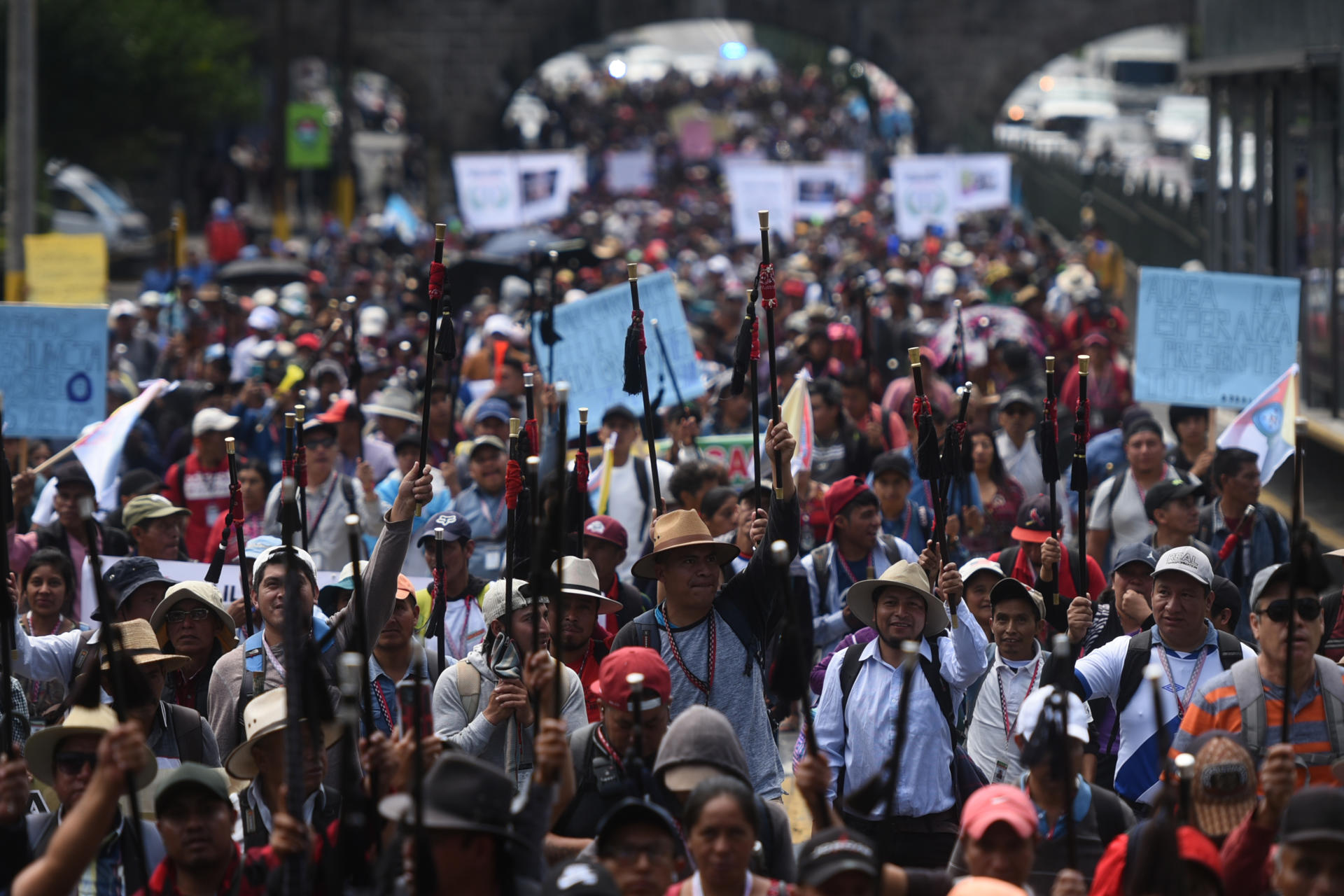Hundreds of people belonging to Indigenous authorities protest to demand the resignation of Attorney General Consuelo Porras in Guatemala City, Guatemala, September 18, 2023. EFE/ Edwin Bercian