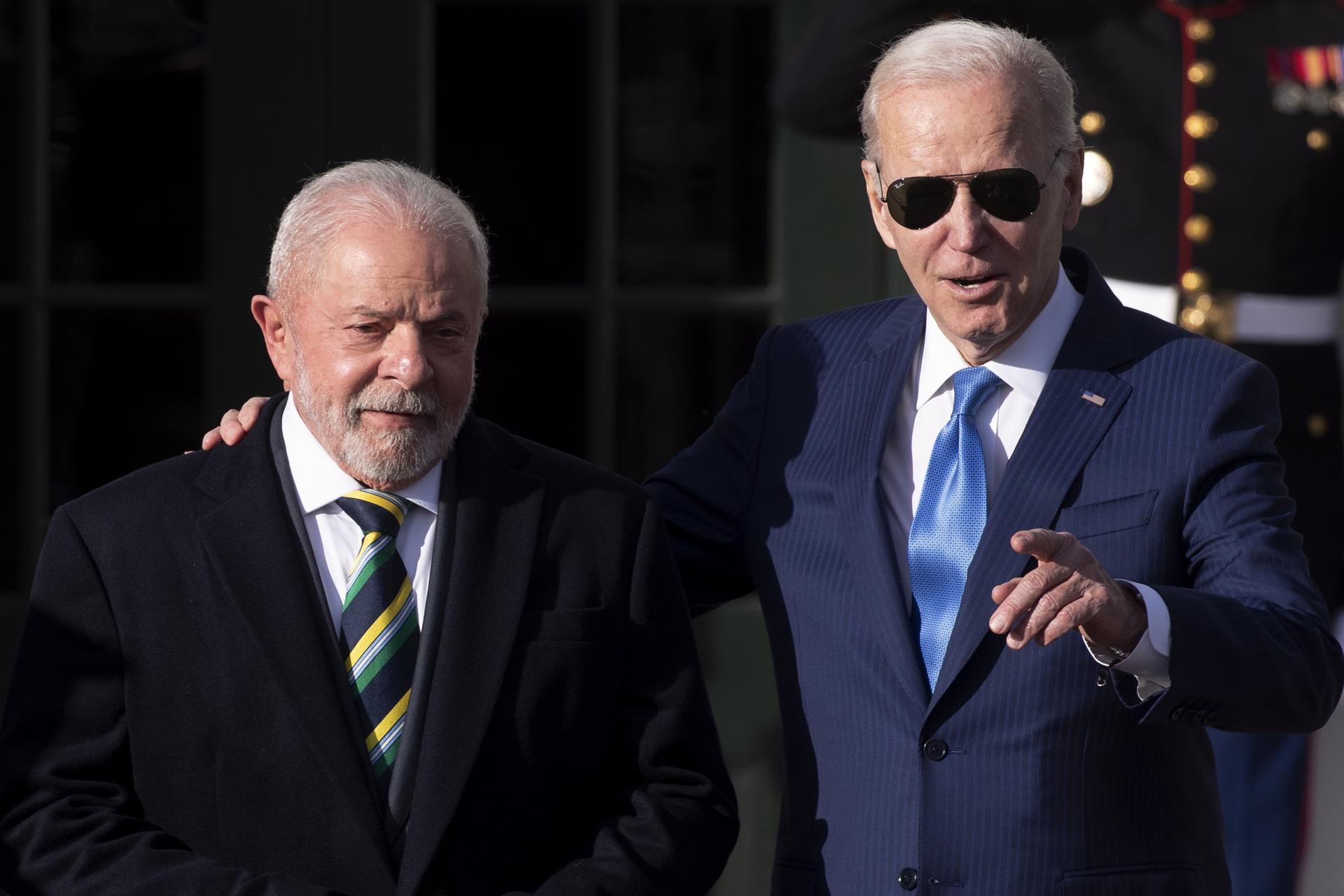 (FILE) US President Joe Biden (R) welcomes President of Brazil Luiz Inacio Lula da Silva (L) at the South Lawn of the White House in Washington, DC, USA, 10 February 2023. The Brazilian president visits his US counterpart to discuss global warming and democracy. EFE/EPA/MICHAEL REYNOLDS