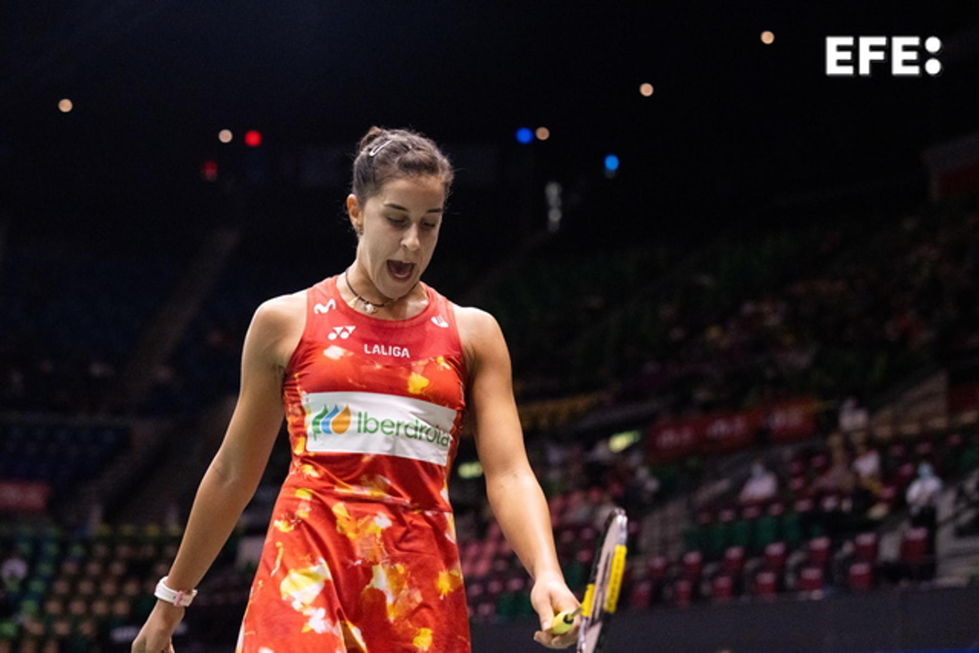 Carolina Marin of Spain reacts while in action against Yvonne Li of Germany (not pictured) during their second round women's singles match at the VICTOR Hong Kong Open 2023 badminton tournament in Hong Kong, China, 14 September 2023.EFE/EPA/BERTHA WANG