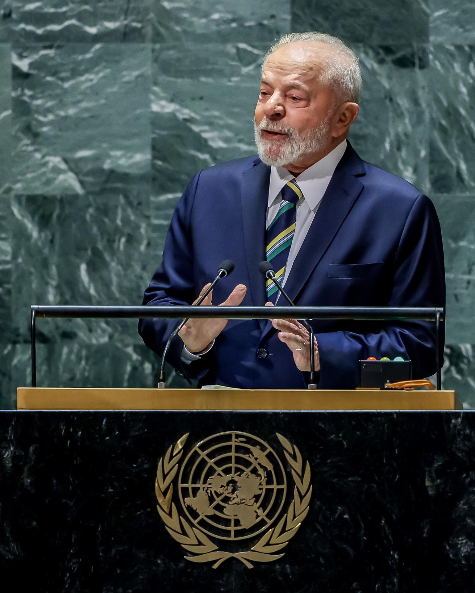 New York (United States), 19/09/2023.- Brazil's President Luiz Inacio Lula da Silva addresses the delegates during the 78th session of the United Nations General Assembly at the United Nations Headquarters in New York, New York, USA, 19 September 2023. (Brasil, Nueva York) EFE/EPA/JUSTIN LANE