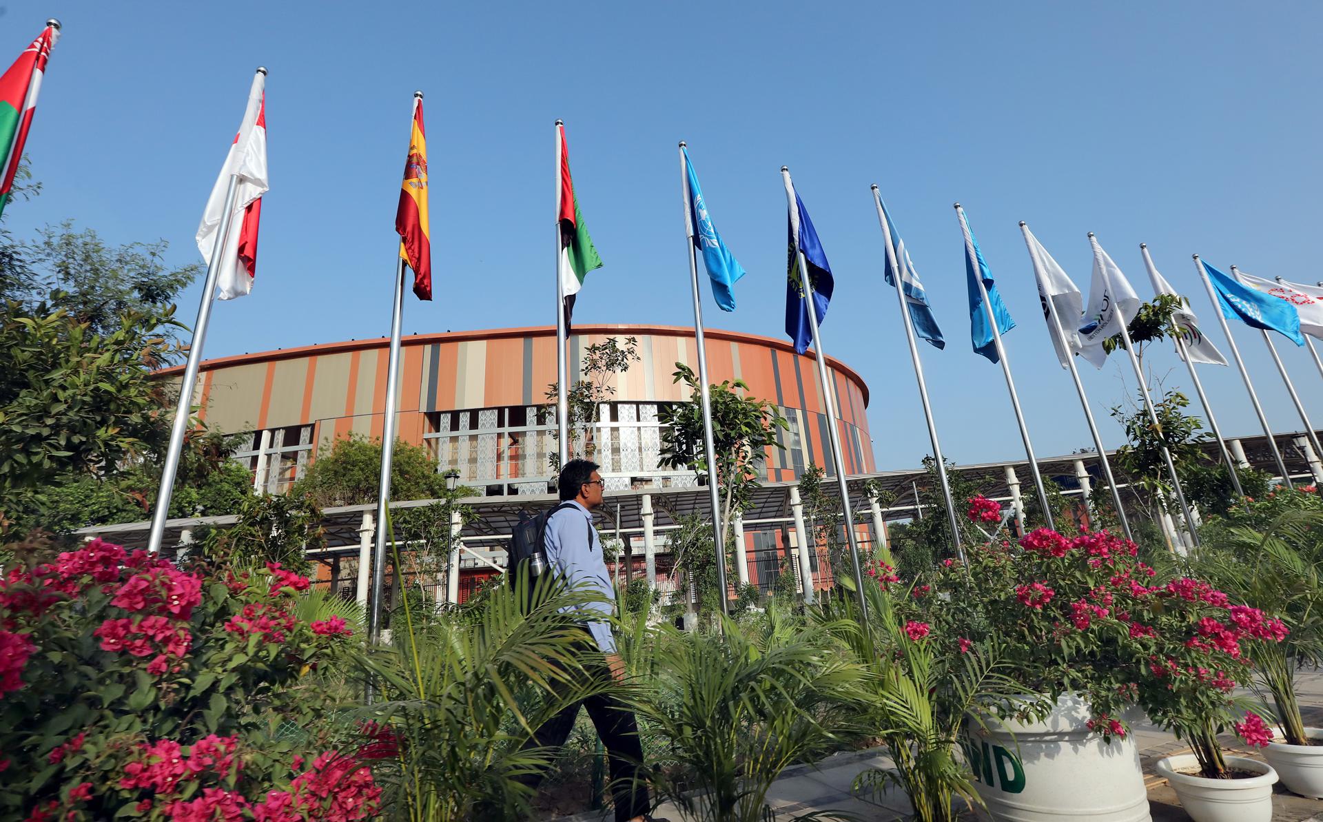 The flags of participating countries fly outside the Bharat Mandappam' at ITPO Convention Centre, Pragati Maidan, the venue of the upcoming G20 Heads of State and Government Summit in New Delhi, India, 04 September 2023. EFE-EPA FILE/HARISH TYAGI