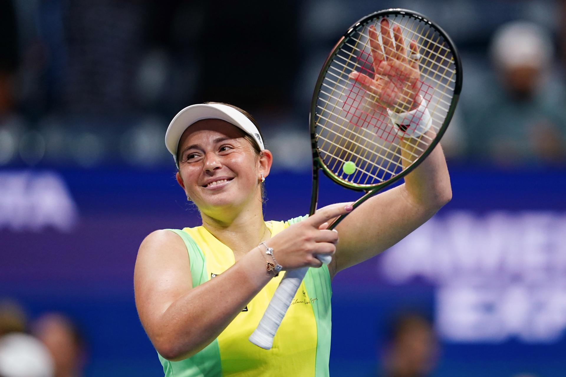 Jelena Ostapenko of Latvia celebrates after winning her fourth round match against Iga Swiatek of Poland at the US Open Tennis Championships at the USTA National Tennis Center in Flushing Meadows, New York, USA, 03 September 2023. EFE-EPA/WILL OLIVER
