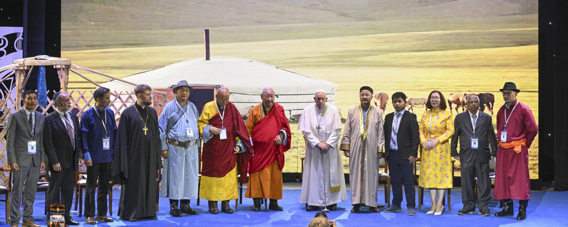 Pope Francis (C-R) attends an ecumenical and interreligious meeting in the Hun Theatre in Ulaanbataar, Mongolia, 03 September 2023. EFE-EPA/CIRO FUSCO
