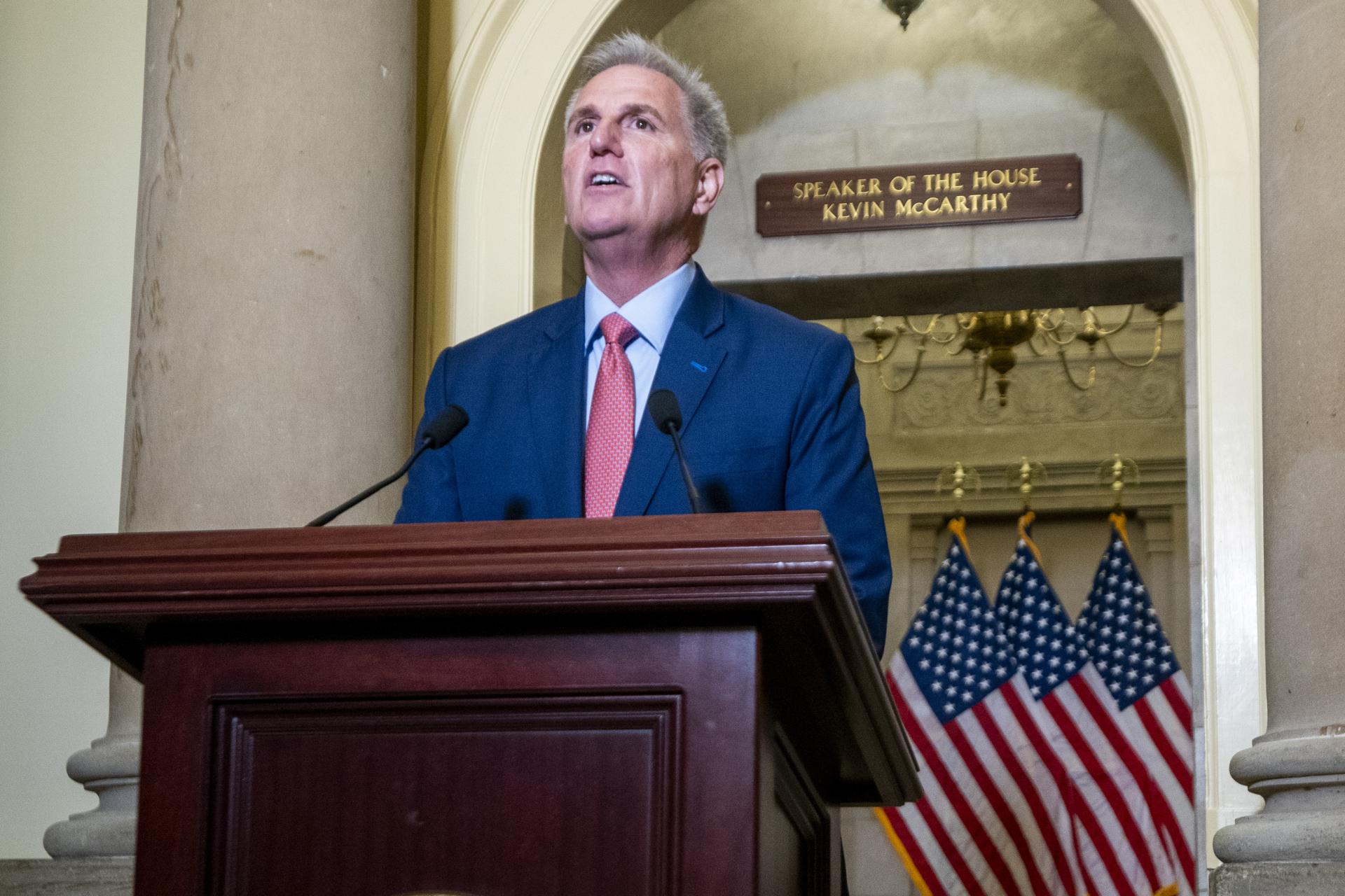 Speaker of the House Kevin McCarthy announces the launching of a formal impeachment inquiry into President Joe Biden during a brief statement in the US Capitol in Washington, DC, USA, 12 September 2023. EFE/EPA/SHAWN THEW
