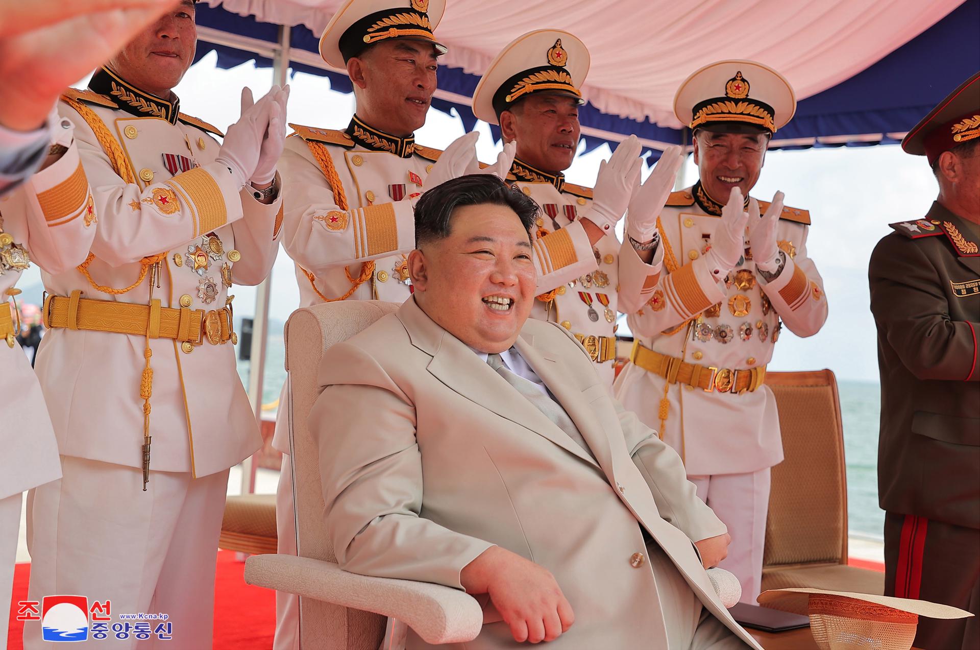 A photo released by the official North Korean Central News Agency (KCNA) shows North Korean leader Kim Jong Un (C) presiding over a launching ceremony for what is said to be a tactical nuclear-armed submarine, designated No. 841 or Hero Kim Kun Ok, at the Sinpho shipyard in North Korea, 06 September 2023. EFE-EPA/KCNA EDITORIAL USE ONLY