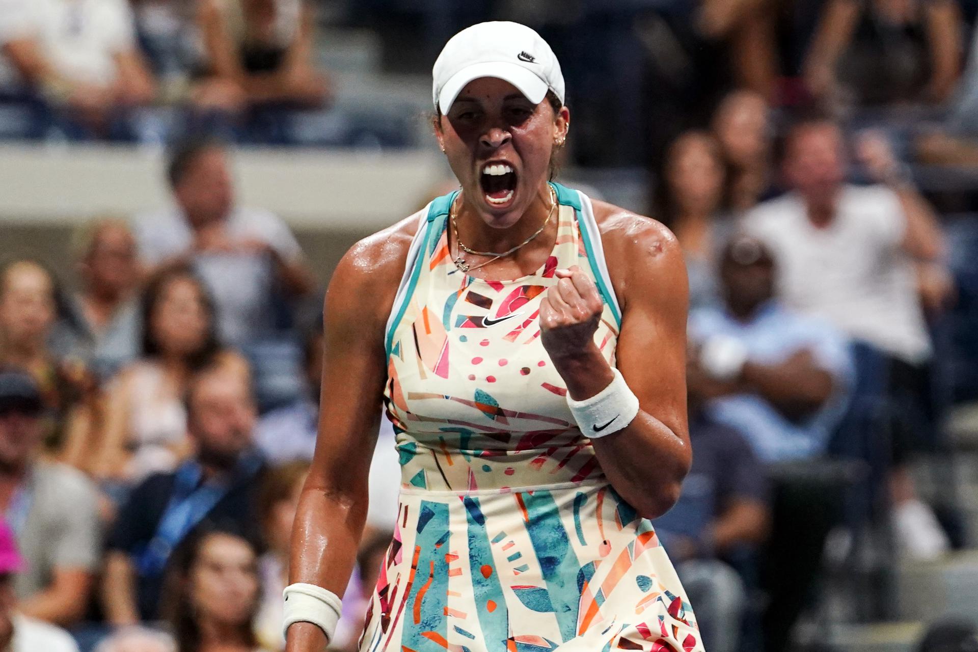 Madison Keys of the USA reacts during her quarter final match against Marketa Vondrousova of Czech Republic at the US Open Tennis Championships at the USTA National Tennis Center in Flushing Meadows, New York, USA, 06 September 2023. EFE-EPA/WILL OLIVER
