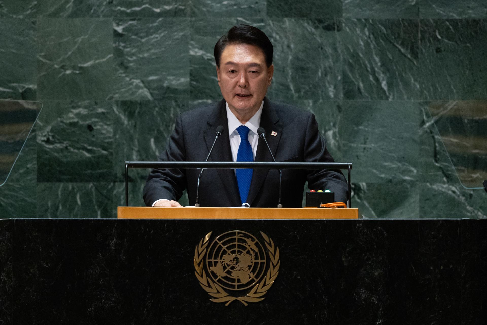 President of South Korea Yoon Suk Yeol speaks during the 78th session of the United Nations General Assembly at United Nations Headquarters in New York, New York, US, 20 September 2023. EFE-EPA/ADAM GRAY