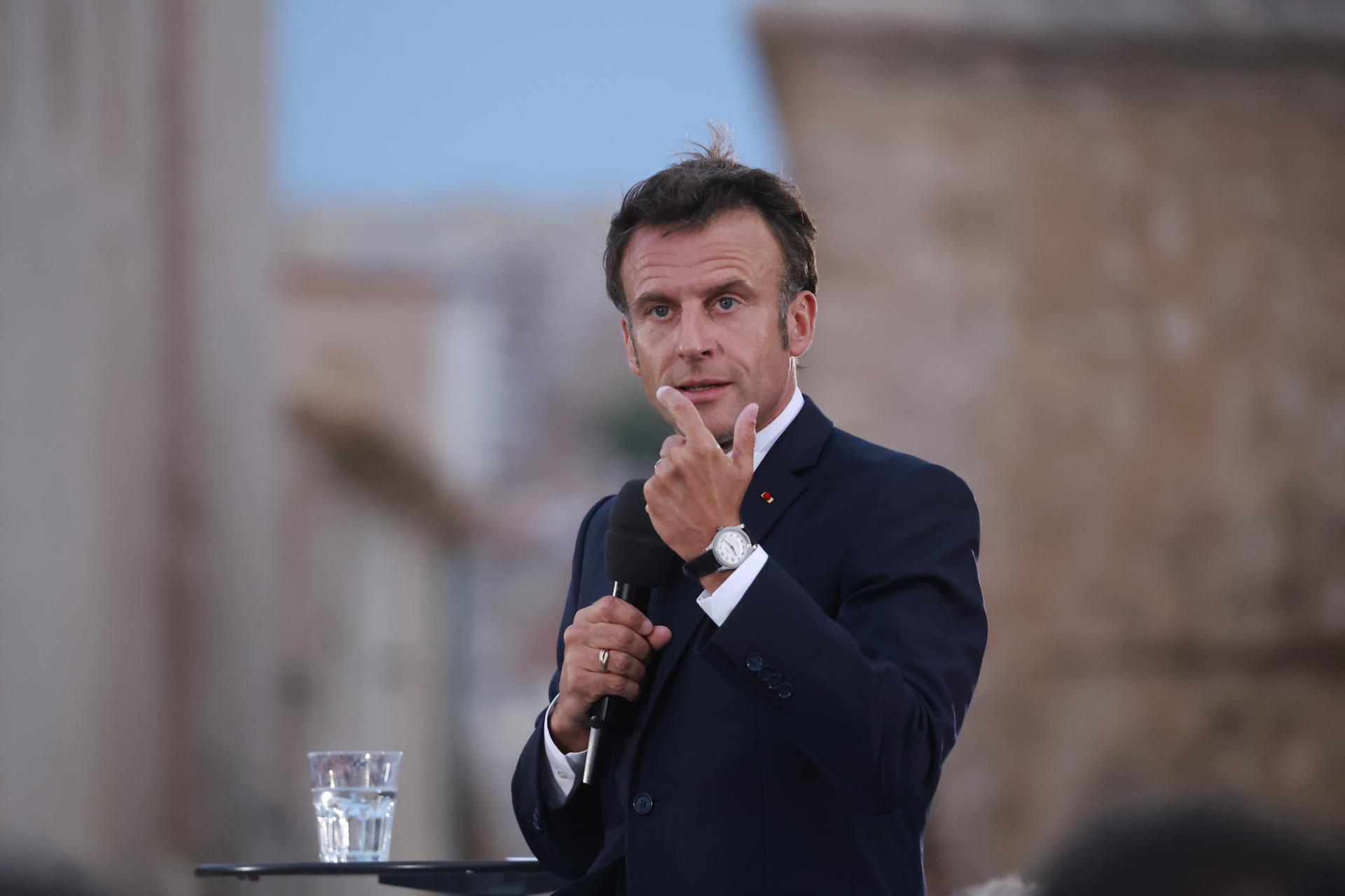 French President Emmanuel Macron delivers a speech at the Fort Saint-Jean in Marseille, France, 27 June 2023. EFE/EPA/FILE/GUILLAUME HORCAJUELO / POOL