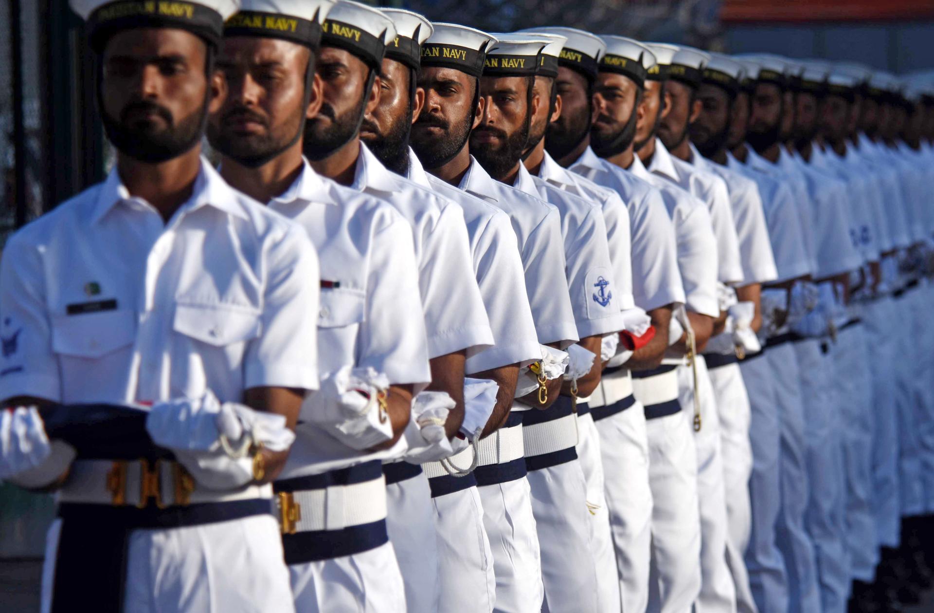 Pakistani Navy soldiers at the opening ceremony of the Pakistan Navy's 8th Multinational Exercise AMAN-23 for Peace, in Karachi, Pakistan, 10 February 2023. EFE/EPA/FILE/SHAHZAIB AKBER