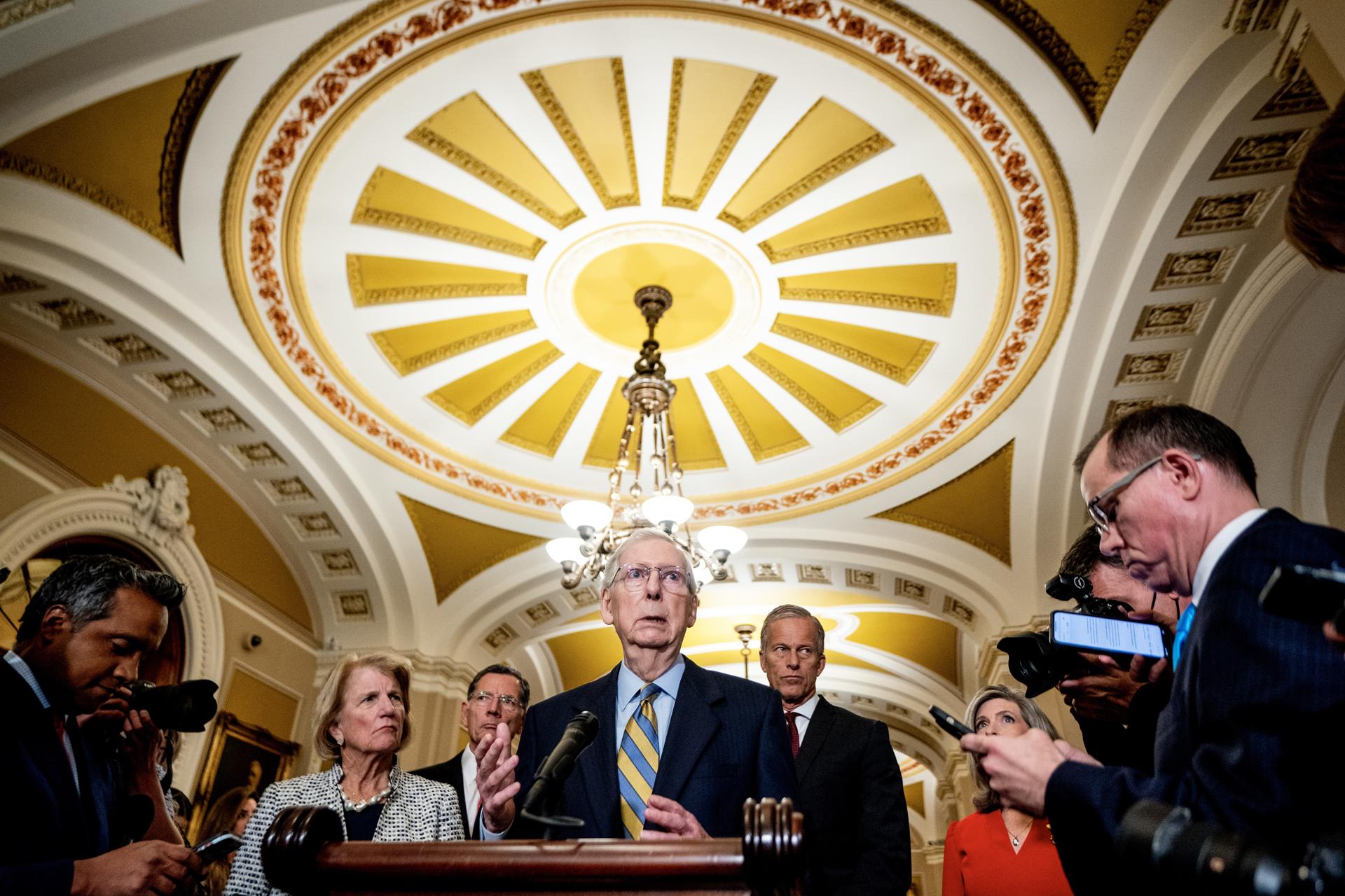 US Senate Minority Leader Mitch McConnell (C) responds to a question from the news media during a press briefing in the US Capitol in Washington, DC, USA, 19 September 2023. EFE/EPA/FILE/SHAWN THEW