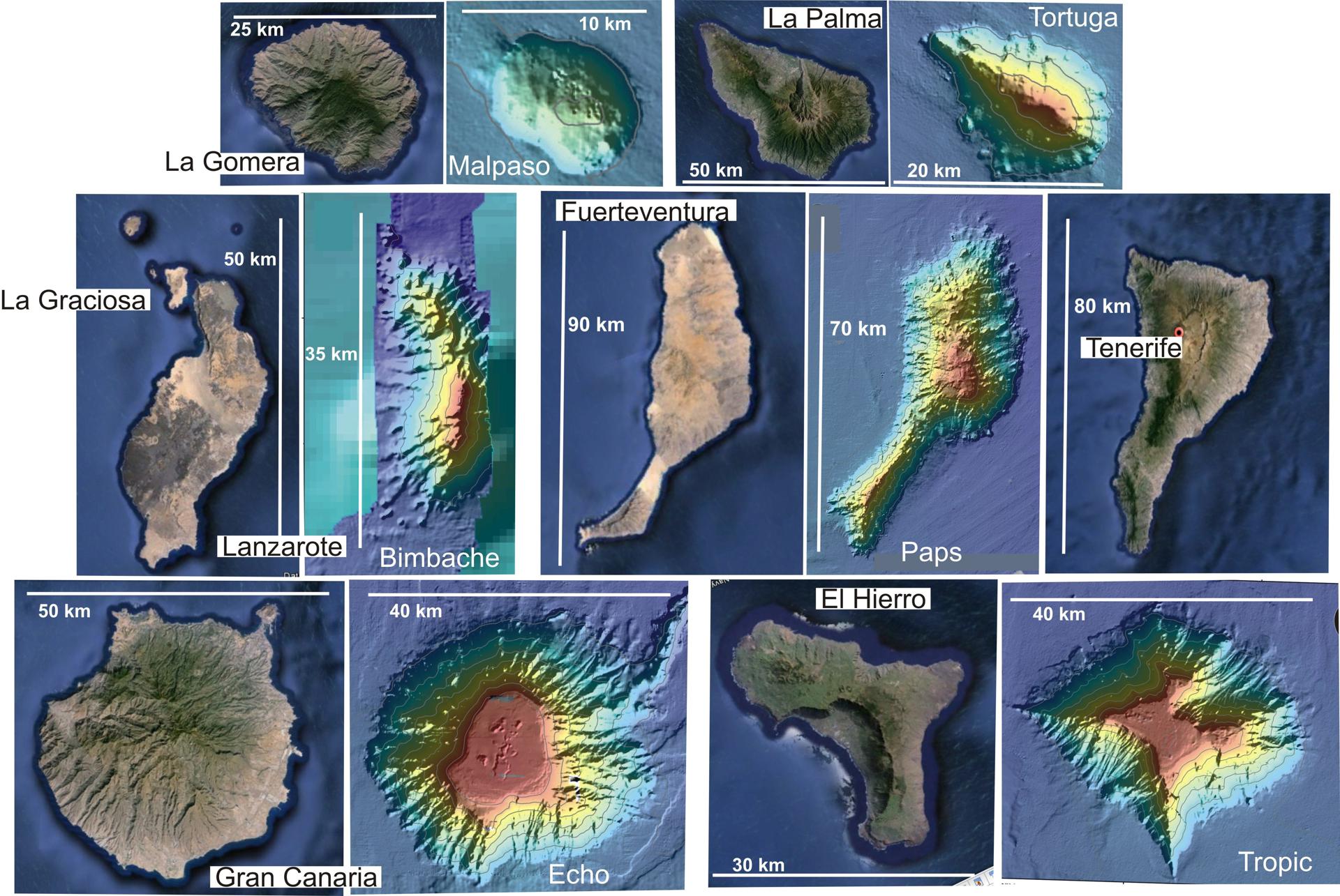 Imagen de archivo del Instituto Geológico y Minero Español sobre algunos de los montes submarinos de Canarias, con su tamaño comparado con las islas. EFE/