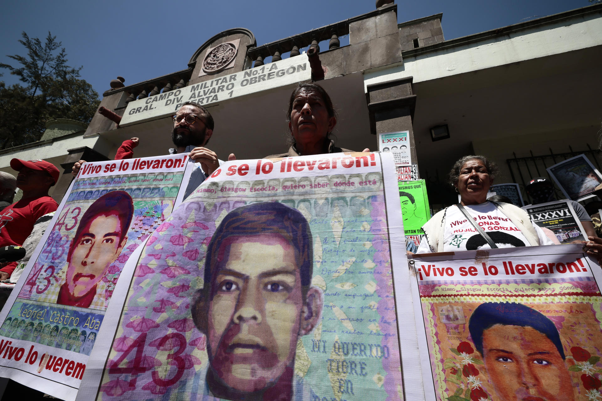 Parents of the 43 missing students from Ayotzinapa, accompanied by human rights defenders, participate during a press conference today, in front of Military Camp 1 in Mexico City, Mexico 28 September 2023. EFE/Jose Mendez
