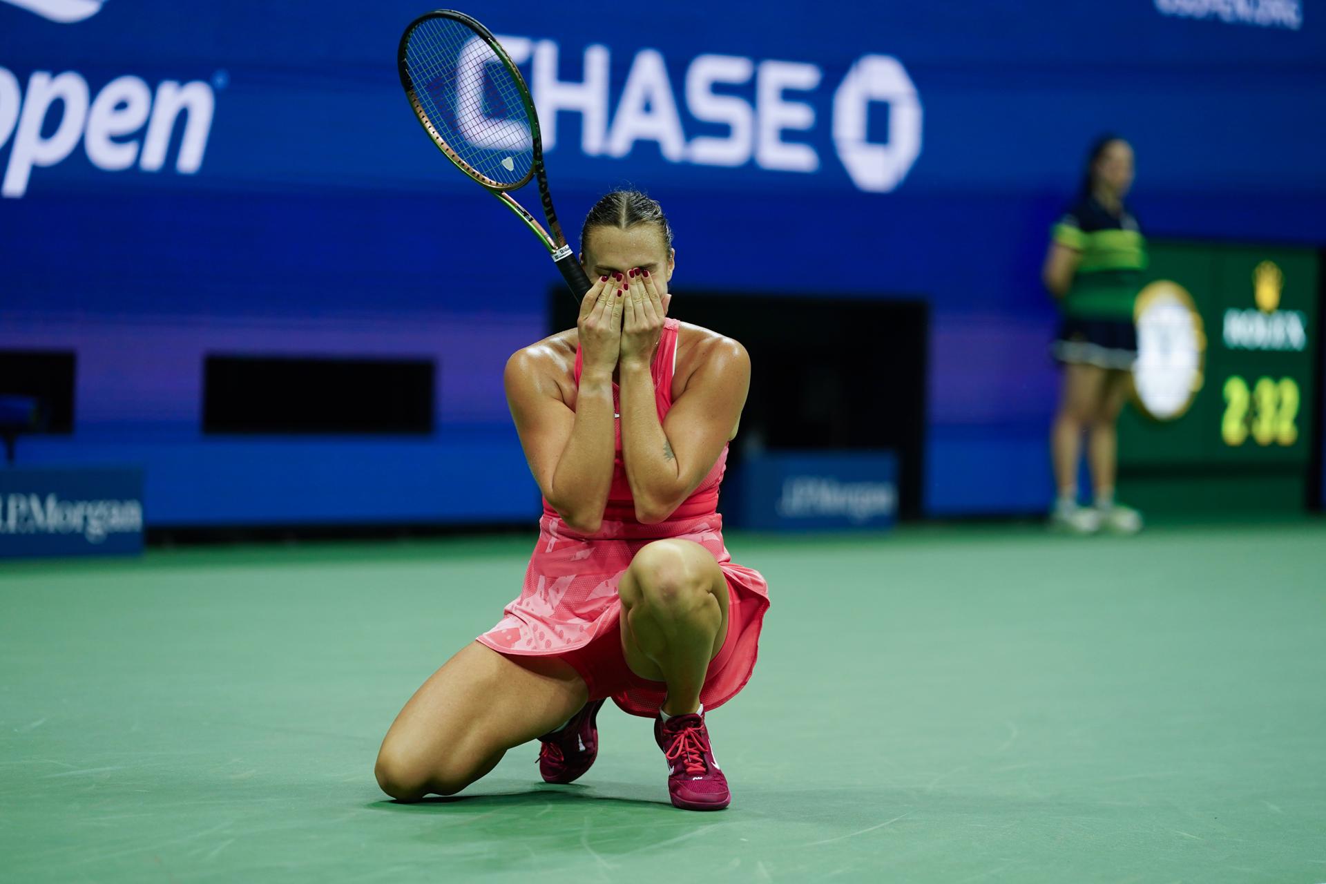 Aryna Sabalenka of Belarus reacts after winning her semifinal match against Madison Keys of the United States at the US Open Tennis Championships at the USTA National Tennis Center in Flushing Meadows, New York, USA, 07 September 2023. EFE-EPA/WILL OLIVER