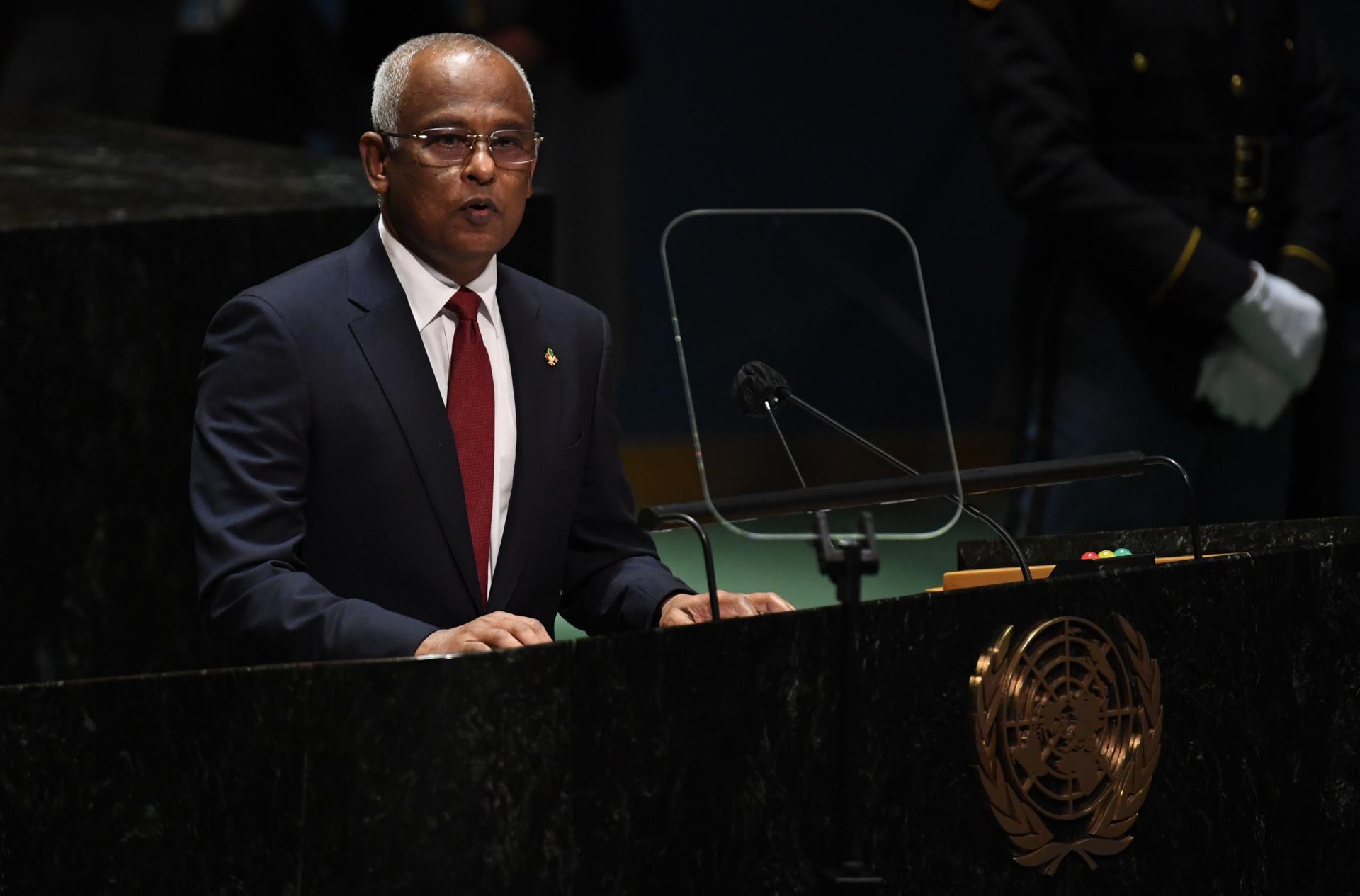 A file picture shows Maldives President Ibrahim Mohamed Solih addressing the UN General Assembly in New York City, USA. EFE/EPA/FILE/TIMOTHY A. CLARY / POOL