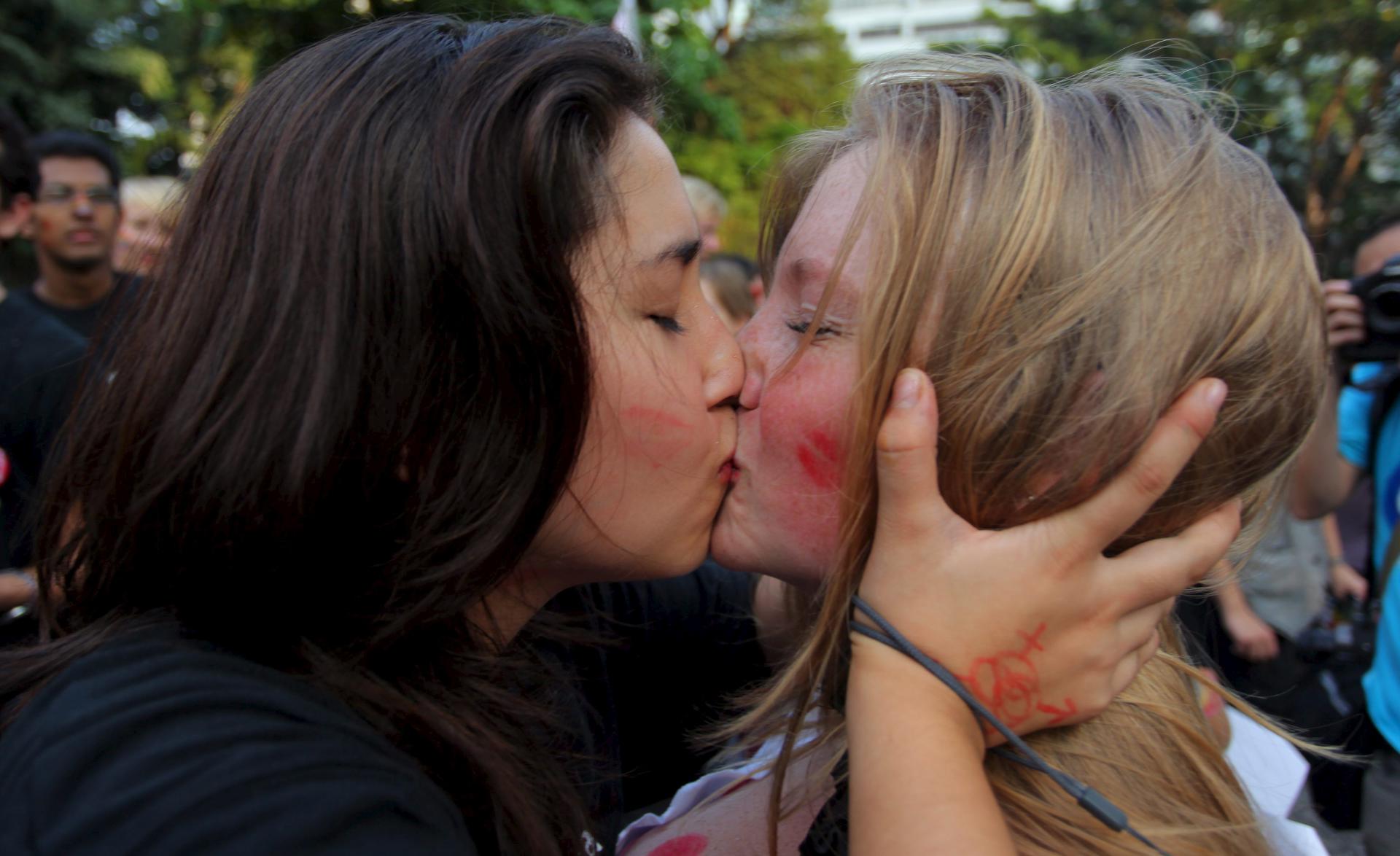 A file photo shows two women kissing during a gay pride parade in Hong Kong, China. EFE/FILE/YM Yik