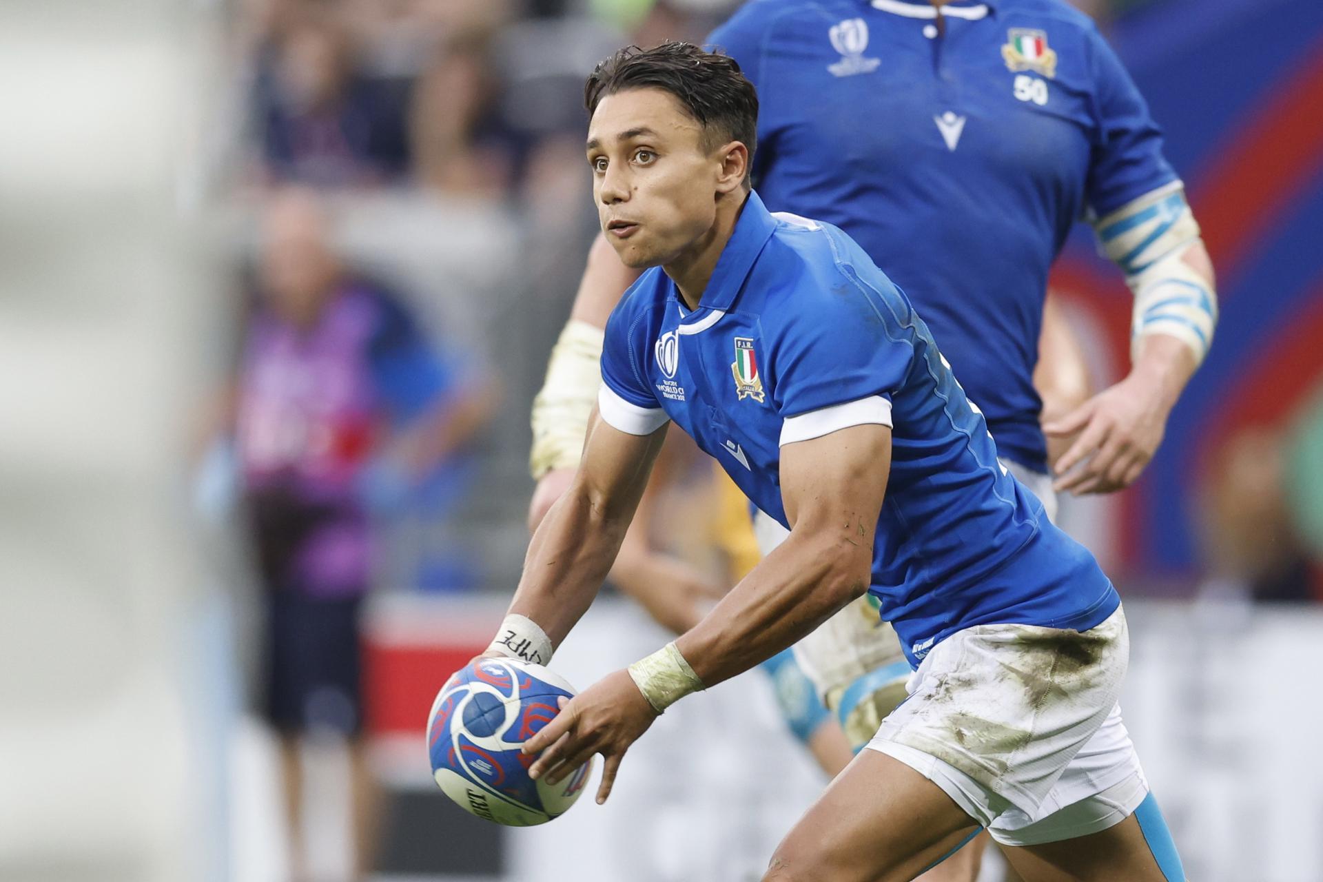 Italy's Ange Capuozzo in action during the Rugby World Cup 2023 Pool A match between Italy and Uruguay in Nice, France, 20 September 2023. EFE-EPA/Sebastien Nogier