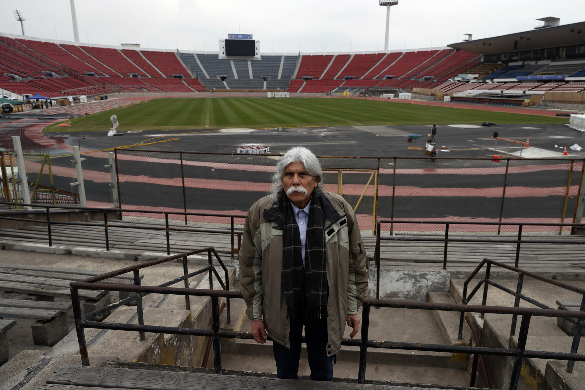Patricio Sandoval former prisoner during the Chilean dictatorship poses outside the historic site 'Camarin de Mujeres' at the National Stadium in Santiago de Chile, Chile, 2 September 2023 (issued 3 September 2023).  EFE/ Elvis González