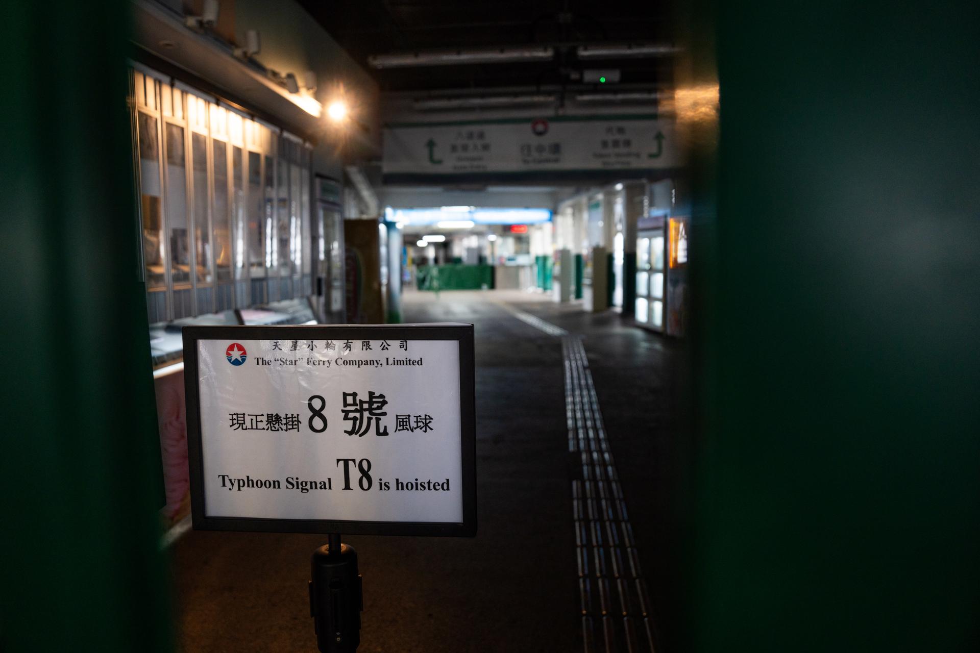 A sign displaying a warning pertaining to Typhoon Saola is seen at the closed Star Ferry Pier, in Hong Kong, China, 01 September 2023. EFE-EPA/Bertha Wang
