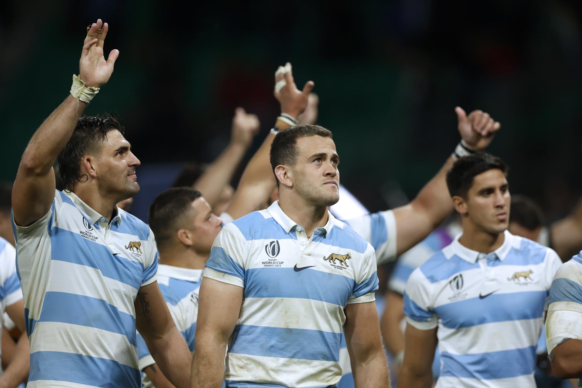 Argentina'Äôs players celebrate winning the Rugby World Cup Pool D match between Argentina and Samoa in Saint-Etienne, France, 22 September 2023. EFE-EPA/GUILLAUME HORCAJUELO