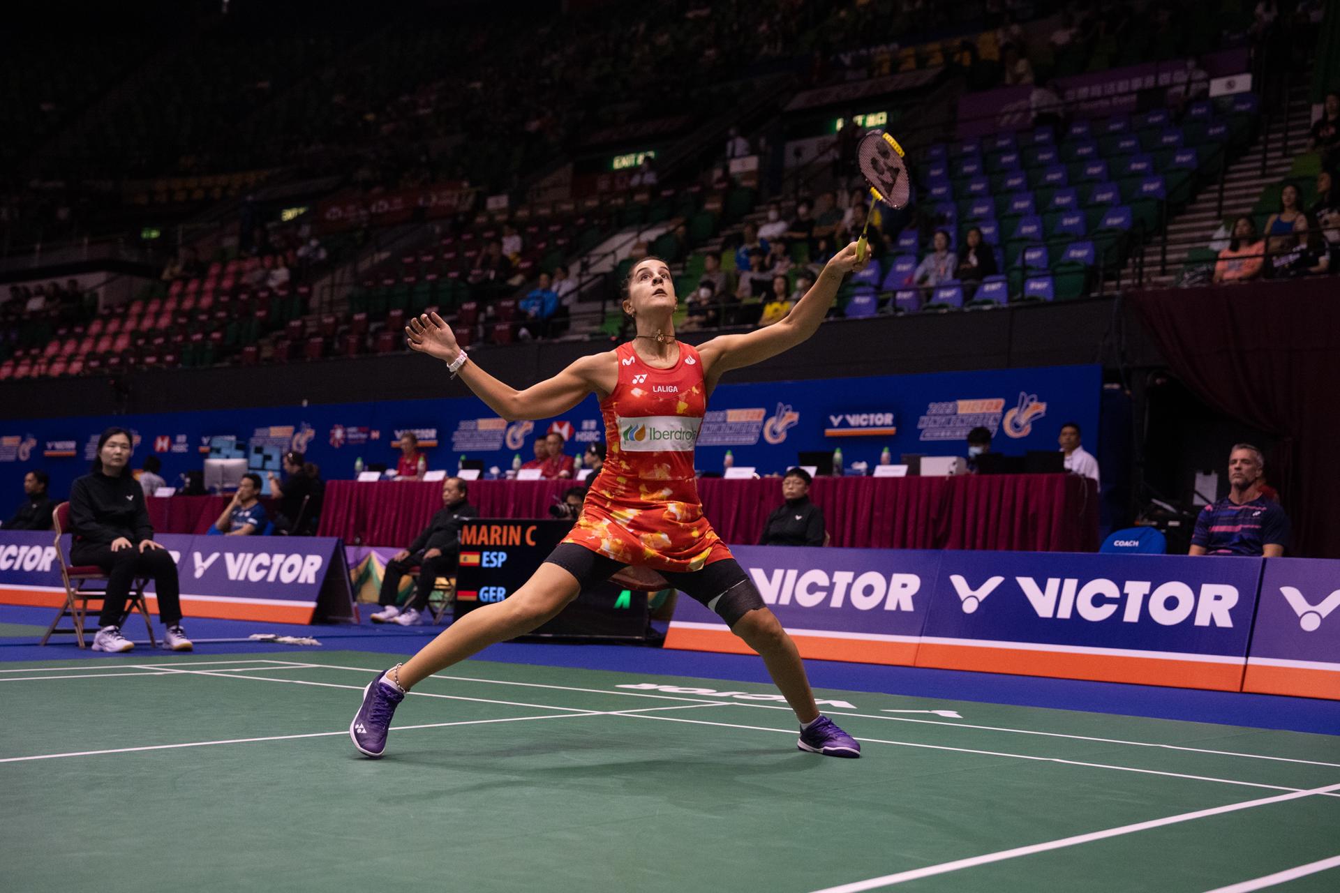 Carolina Marin of Spain in action against Yvonne Li of Germany (not pictured) during their second round women's singles match at the VICTOR Hong Kong Open 2023 badminton tournament in Hong Kong, China, 14 September 2023. EFE/EPA/BERTHA WANG
