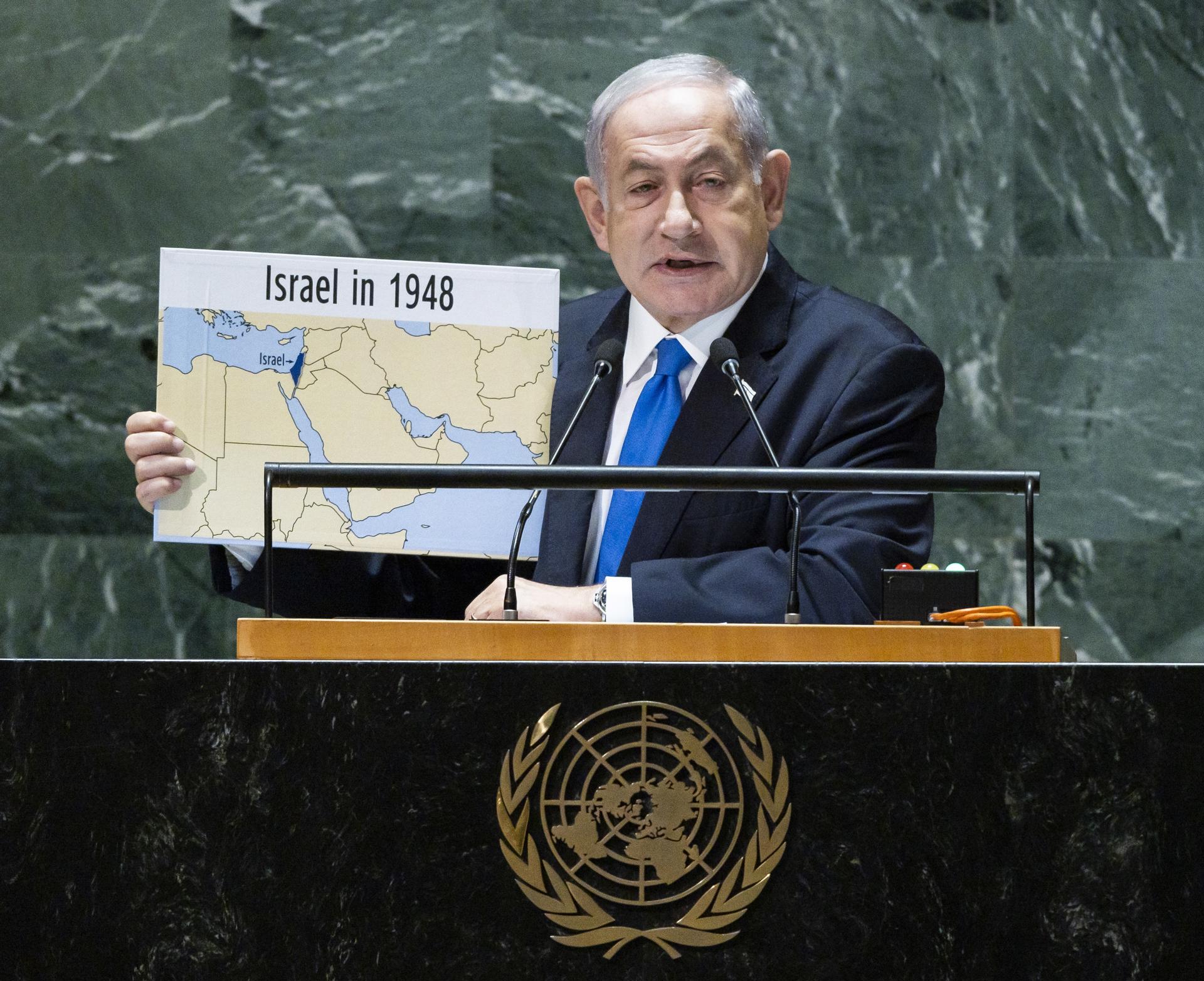 El primer ministro de Israel, Benjamín Netanyahu, habla ante la Asamblea General de la ONU, este 22 de septiembre de 2023, en Nueva York (EE.UU.). EFE/Justin Lane