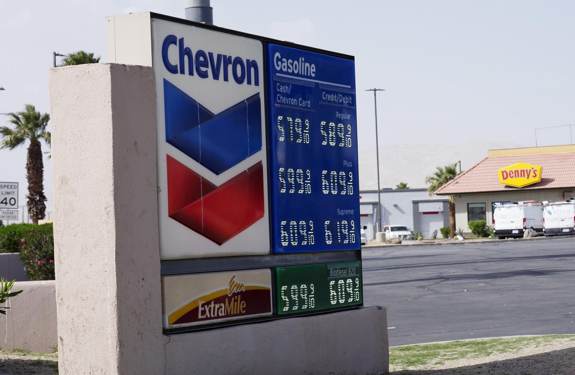 A Chevron gas station displays their current prices, in Cathedral City, California, USA, 10 March 2022. EFE-EPA FILE/JOHN G MABANGLO