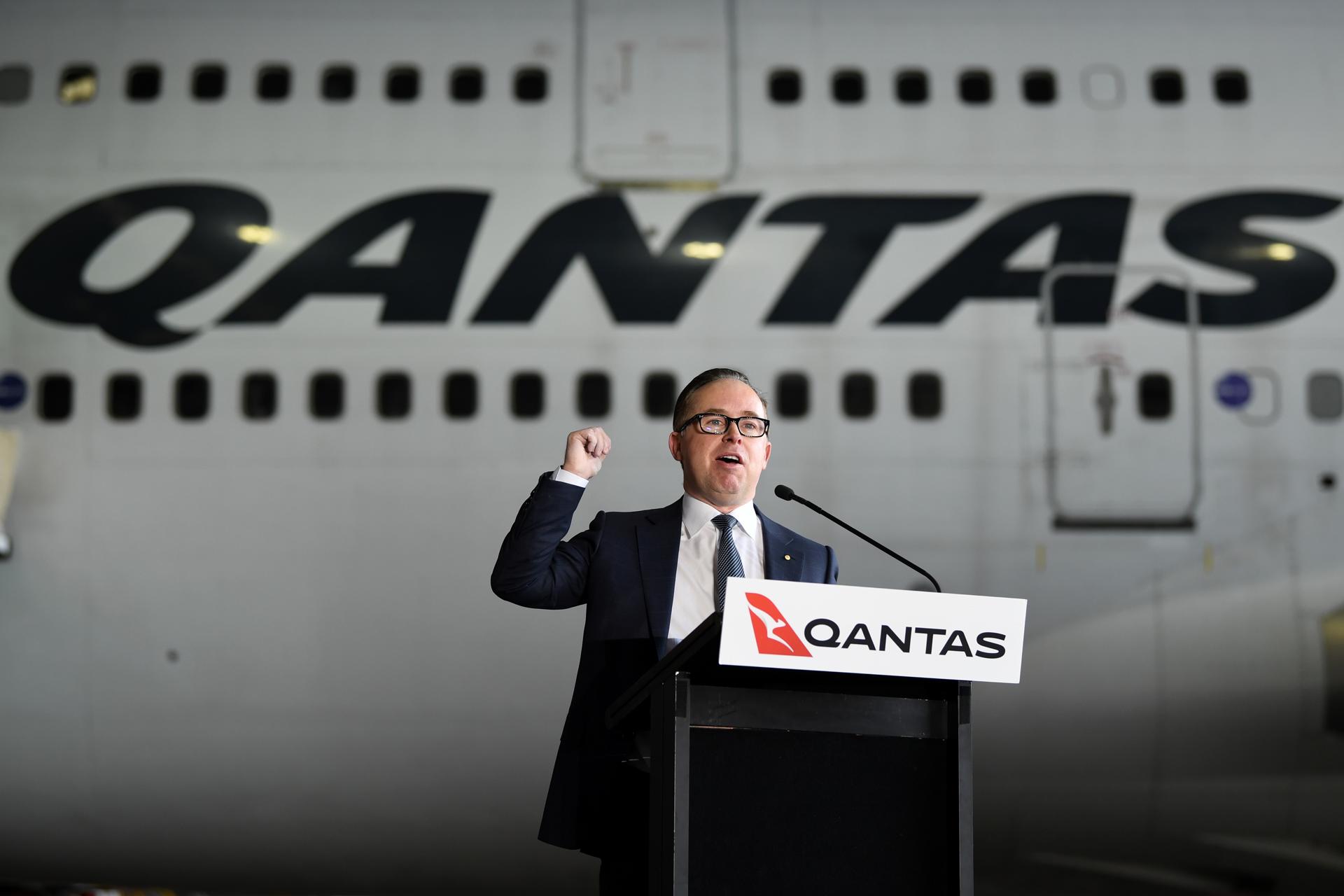 Then Qantas CEO Alan Joyce speaks in front of Qantas Airways flight QF7474 during an official farewell event for the Qantas 747 fleet at Sydney Airport in Sydney, New South Wales, Australia, 22 July 2020. EFE-EPA FILE/JOEL CARRETT AUSTRALIA AND NEW ZEALAND OUT
