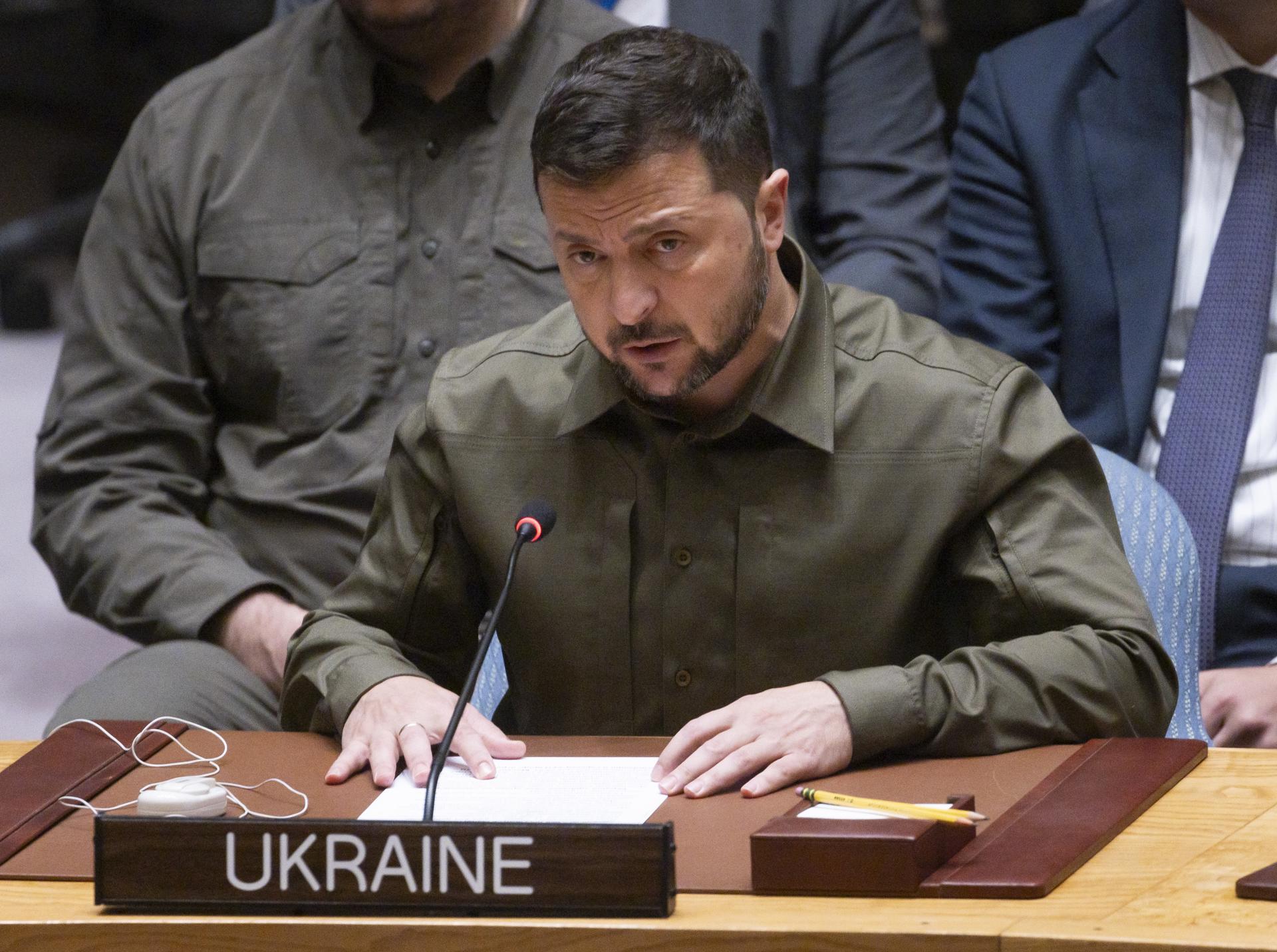 New York (United States), 20/09/2023.- Ukraine's President Volodymyr Zelensky addresses an United Nations Security Council meeting about the war between Ukraine and Russia on the sidelines of the 78th session of the United Nations General Assembly at United Nations Headquarters in New York, New York, USA, 20 September 2023. (Rusia, Ucrania, Nueva York) EFE/EPA/JUSTIN LANE