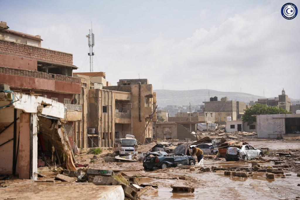 Image distributed by the Communication Department of the Government of Libya on a social network that shows the destruction in the city of Derna, the most affected by the torrential rains that have left some 2,400 dead and 10,000 missing, according to the Federation of the Red Cross.  EFE/ Communication Department of the Libyan Government via social network