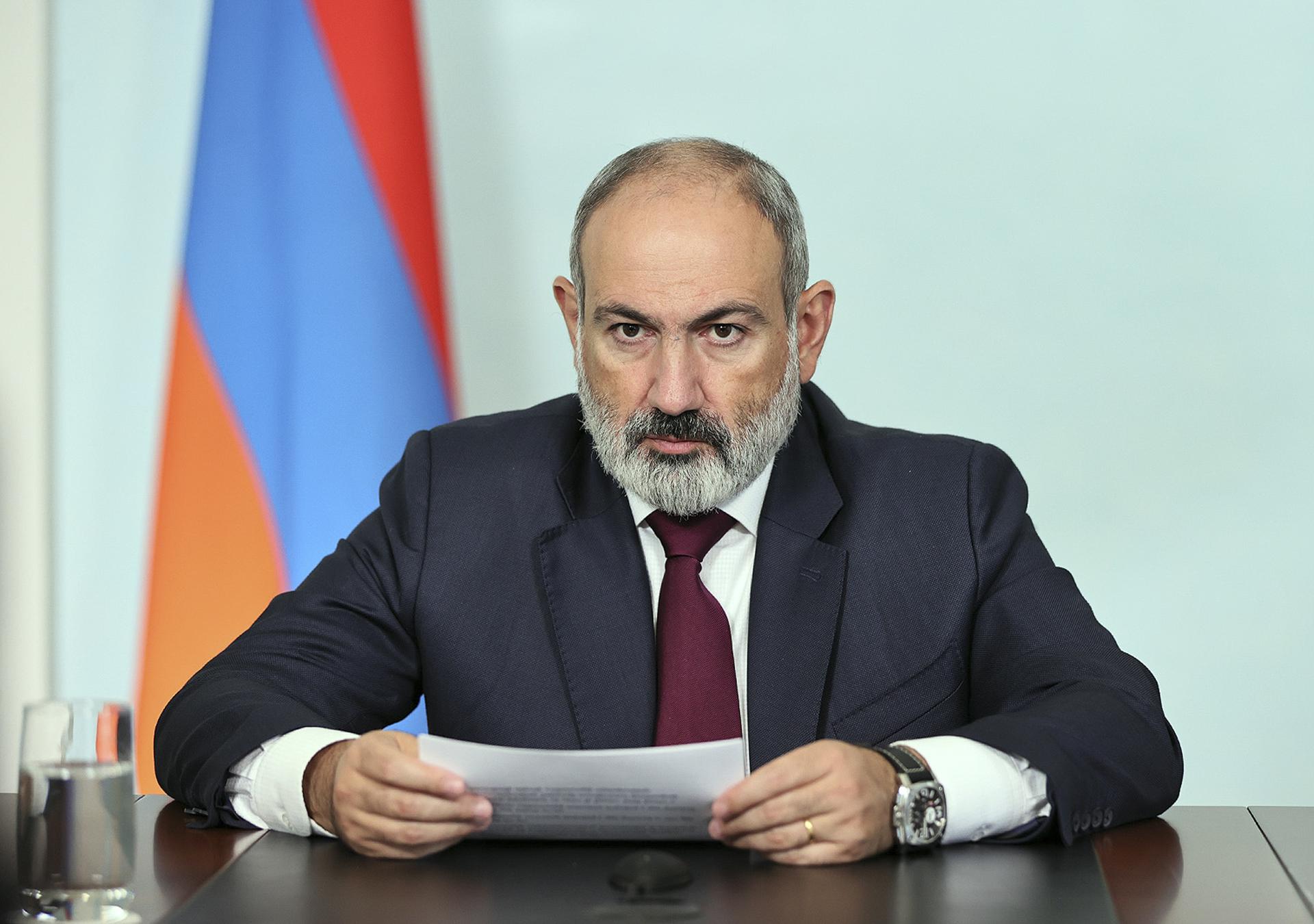 A handout picture made available by the Armenian Government's press service shows Armenian Prime Minister Nikol Pashinyan delivering his address to the nation in Yerevan, Armenia, 24 September 2023. HANDOUT HANDOUT HANDOUT EDITORIAL USE ONLY/NO SALES HANDOUT EDITORIAL USE ONLY/NO SALES