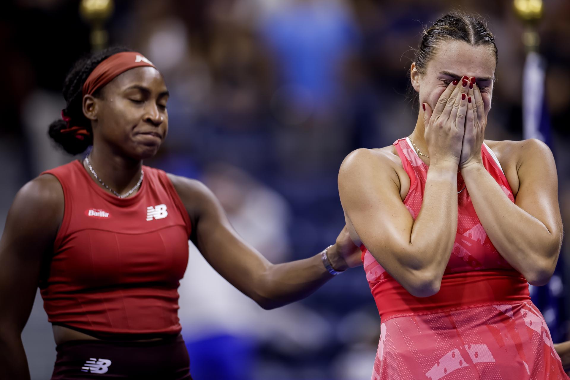 Coco Gauff (L) of the United States reacts with Aryna Sabalenka (R) of Belarus after Gauff defeated Sabalenka to win the women's singles final match during the US Open Tennis Championships at the USTA National Tennis Center in Flushing Meadows, New York, 09 September 2023. EFE-EPA/CJ GUNTHER
