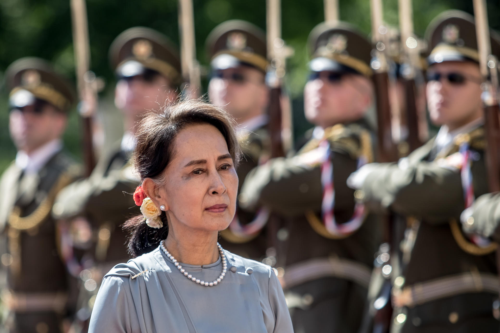 Myanmar's State Counselor Aung San Suu Kyi inspects a guard of honor during a welcome ceremony in Prague, Czech Republic, 03 June 2019 (reissued 24 May 2021). EPA-EFE FILE/MARTIN DIVISEK

