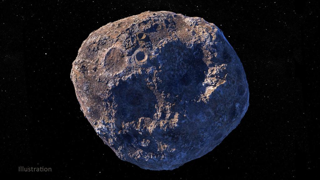 Imagen cedida por la NASA de una ilustración artística del asteroide Psyche rico en metales localizado en el cinturón de asteroides principal entre Marte y Júpiter. EFE/NASA
