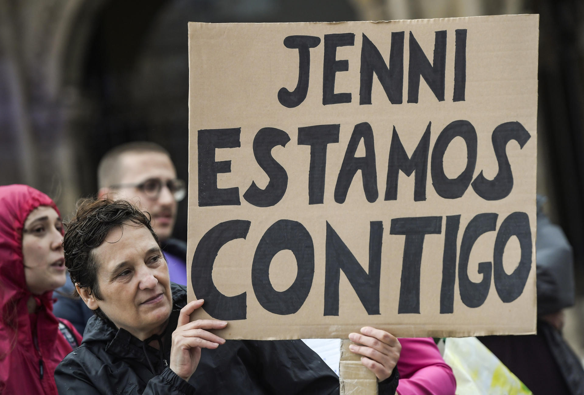 People show banners that read 'Jenni, we are with you' during a march to show support to Spanish soccer player Jenni Hermoso in Gijon, Spain, 01 September 2023. EFE-EPA FILE/Eloy Alonso