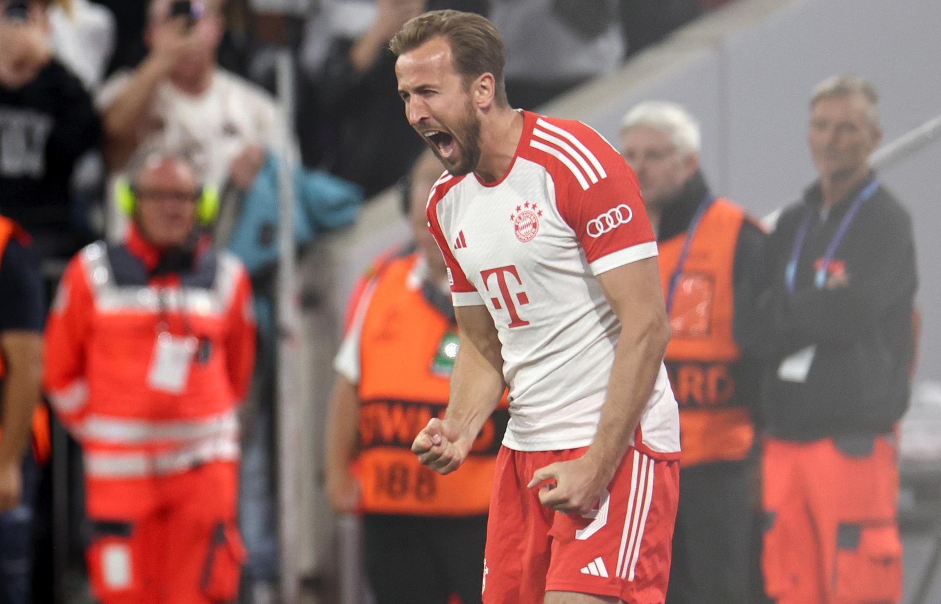 Munich's Harry Kane celebrates after scoring the 3-1 from the penalty spot during the UEFA Champions League Group A soccer match between FC Bayern Munich and Manchester United in Munich, Germany, 20 September 2023. EFE-EPA/Anna Szilagyi