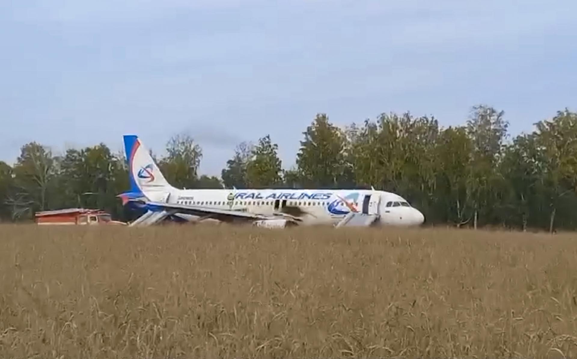 A handout picture provided by the West Siberian Transport Prosecutor's Office press-service shows an Airbus A320 Ural Airlines plane on the field after an emergency landing at a site in the Ubinsky district, Novosibirsk region, Russia, 12 September 2023. EFE-EPA/WEST SIBERIAN TRANSPORT PROSECUTOR'S OFFICE BEST QUALITY AVAILABLE HANDOUT EDITORIAL USE ONLY/NO SALES HANDOUT EDITORIAL USE ONLY/NO SALES