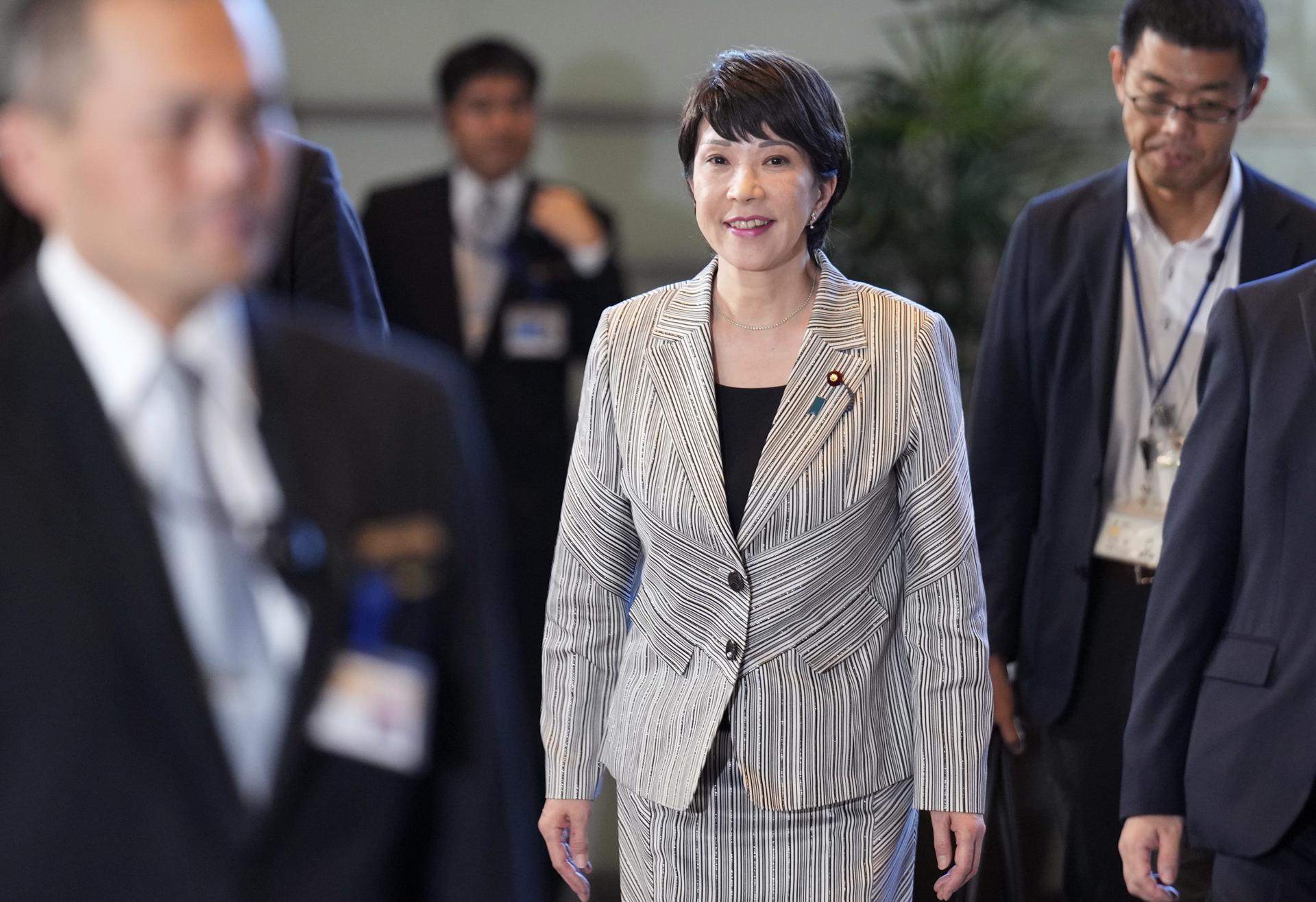 Re-appointed Economic Security Minister Sanae Takaichi (C) arrives at the prime minister's official residence on the day of the Cabinet reshuffle, in Tokyo, Japan, 13 September 2023. EFE/EPA/FRANCK ROBICHON

