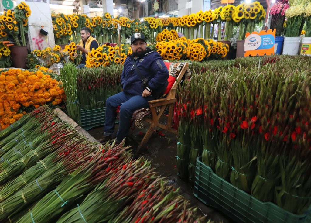 Comerciantes venden flores de cempasúchil previo a las festividades por el Día de Muertos, el 28 de octubre de 2023, en el Mercado de Jamaica de Ciudad de México (México). EFE/ Mario Guzmán